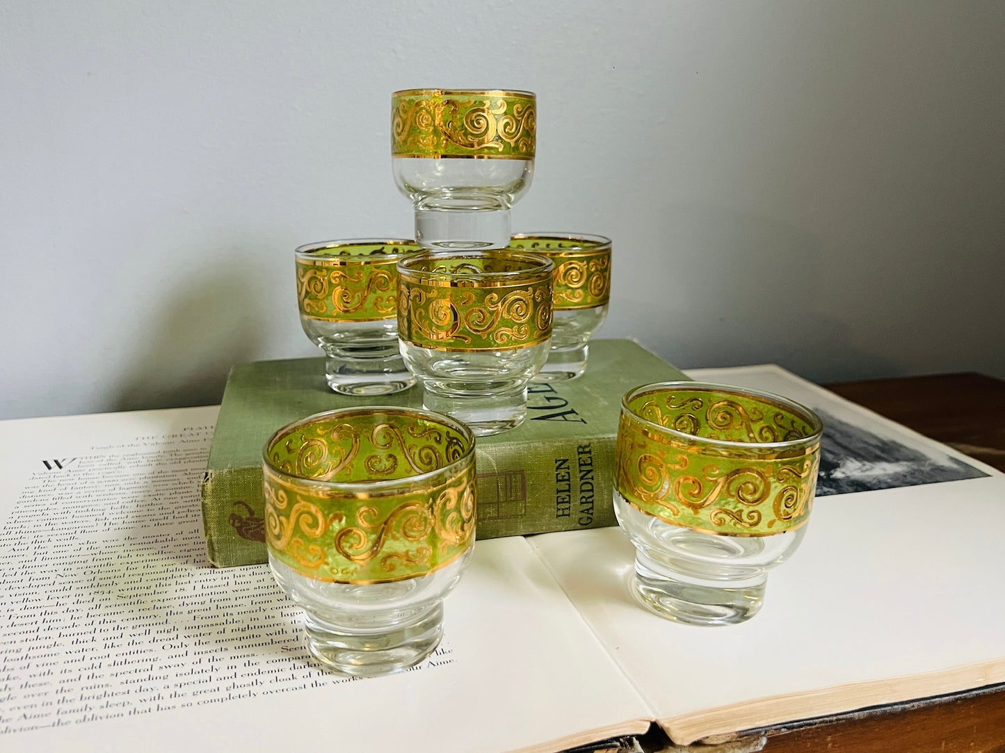 Vintage Culver Green & Gold Speck Glasses | Set of 6