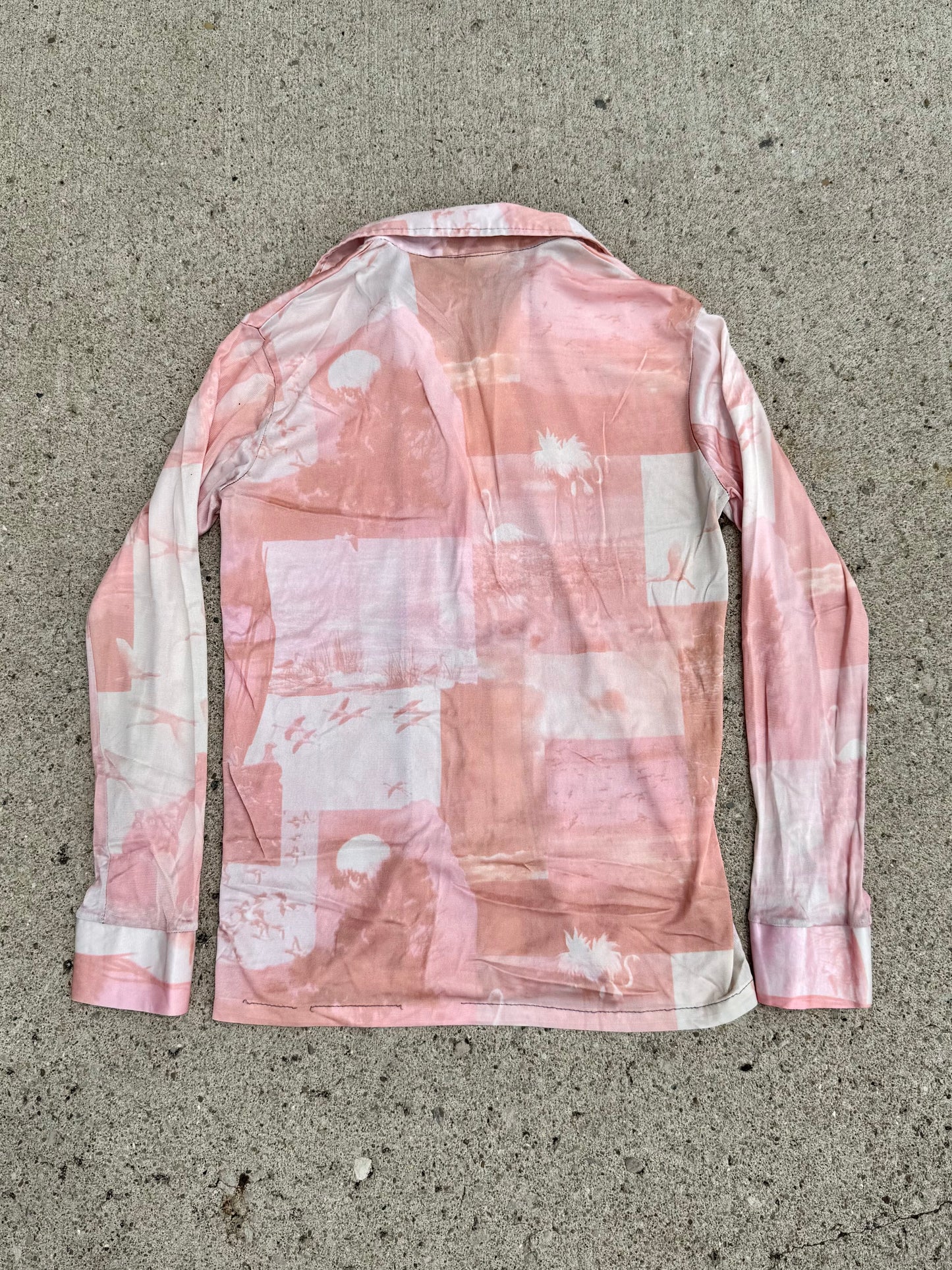 Vintage 1970s Pink Flamingo + Penguin Printed Disco Shirt | XS/S