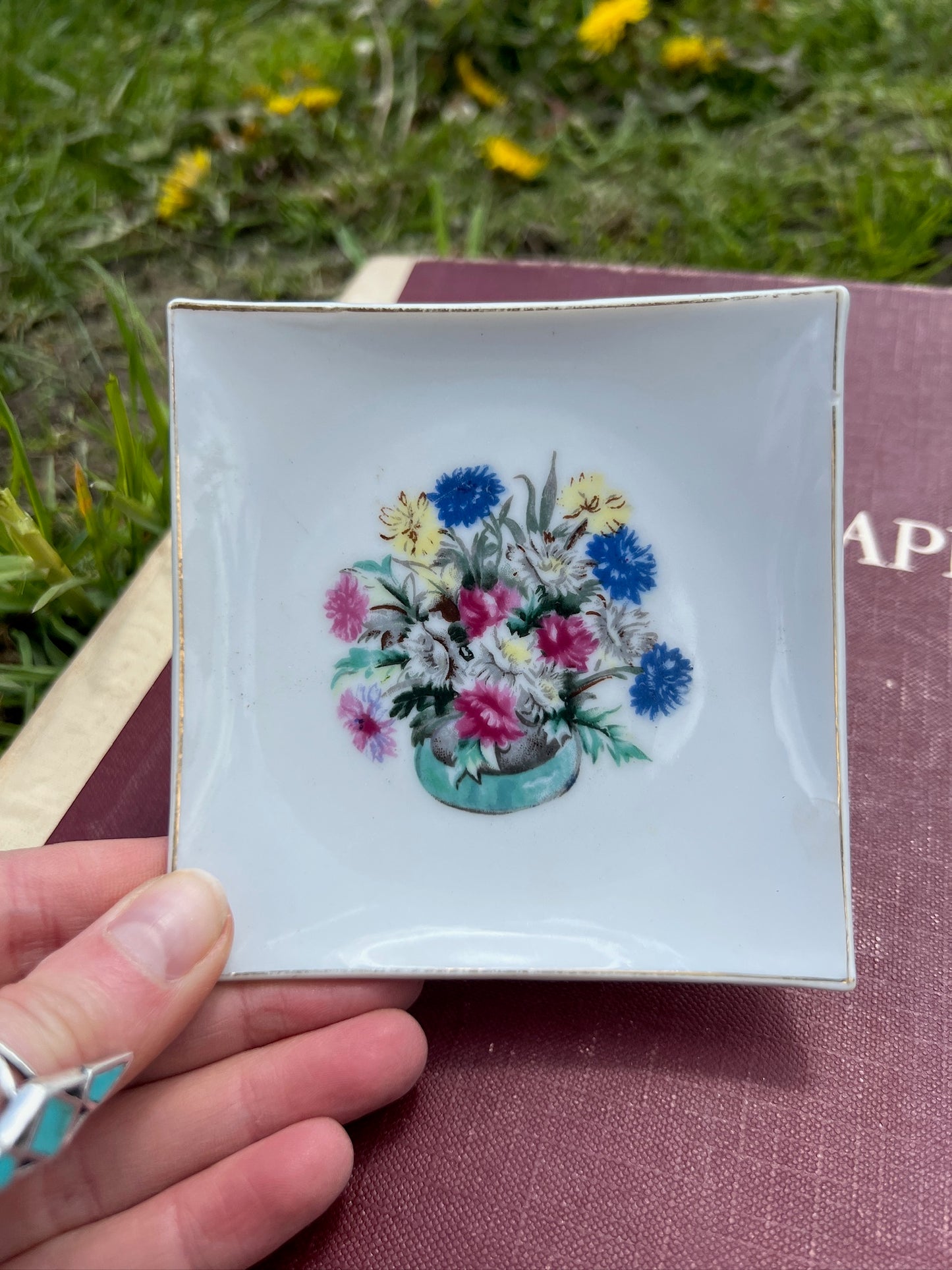 Vintage 1950s Ceramic Hand Painted Floral Ashtray