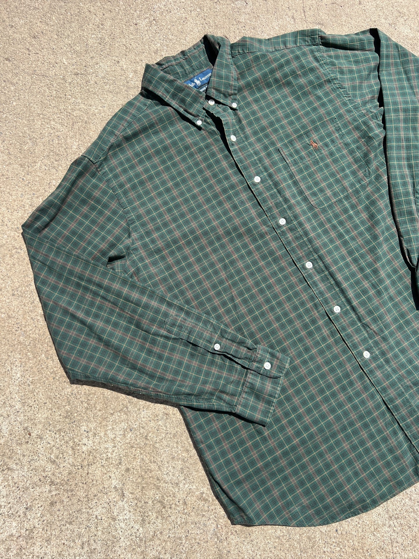 Vintage 1990s Ralph Lauren Green Plaid Cotton Button Down Shirt | XL
