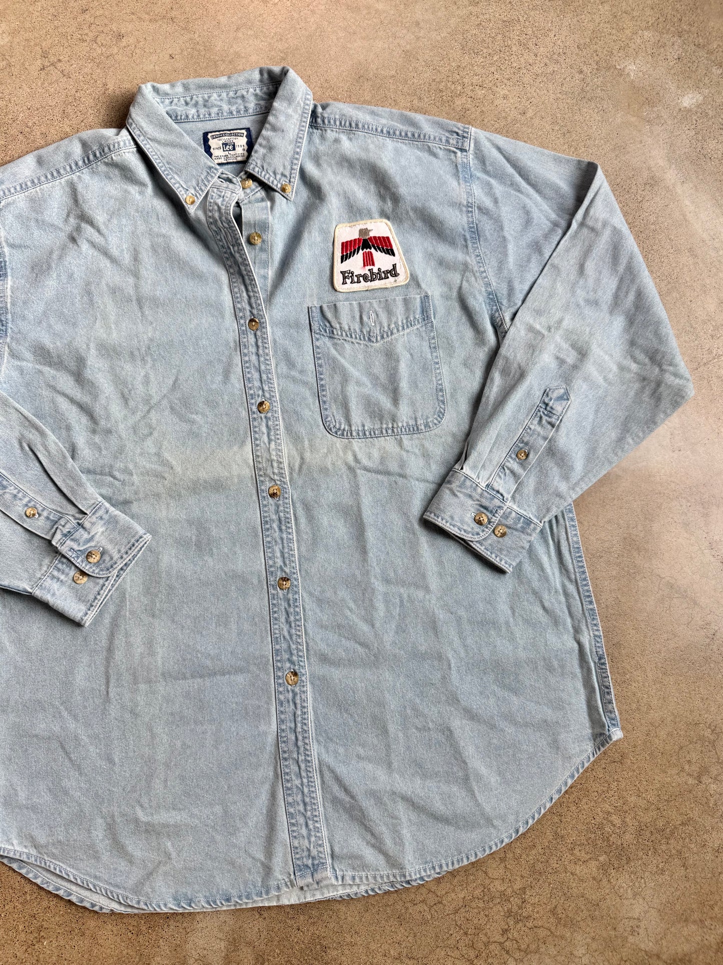 Vintage 1990s Lee Light Wash Denim Shirt w/ Firebird Patch | Large