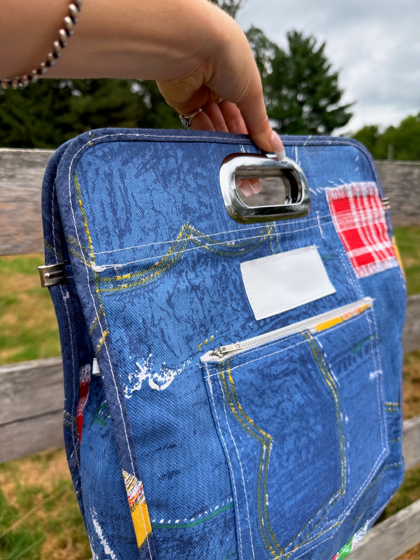 Vintage 1970s Printed Denim Top Handle Tote Bag