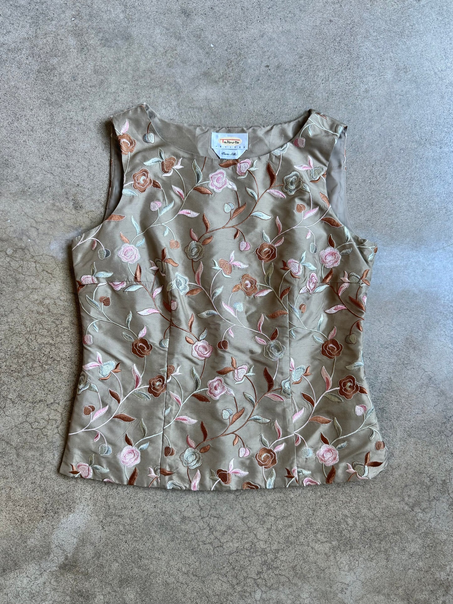 Vintage 1990s Talbots Pure Silk Floral Embroidered Sleeveless Top | XS/S