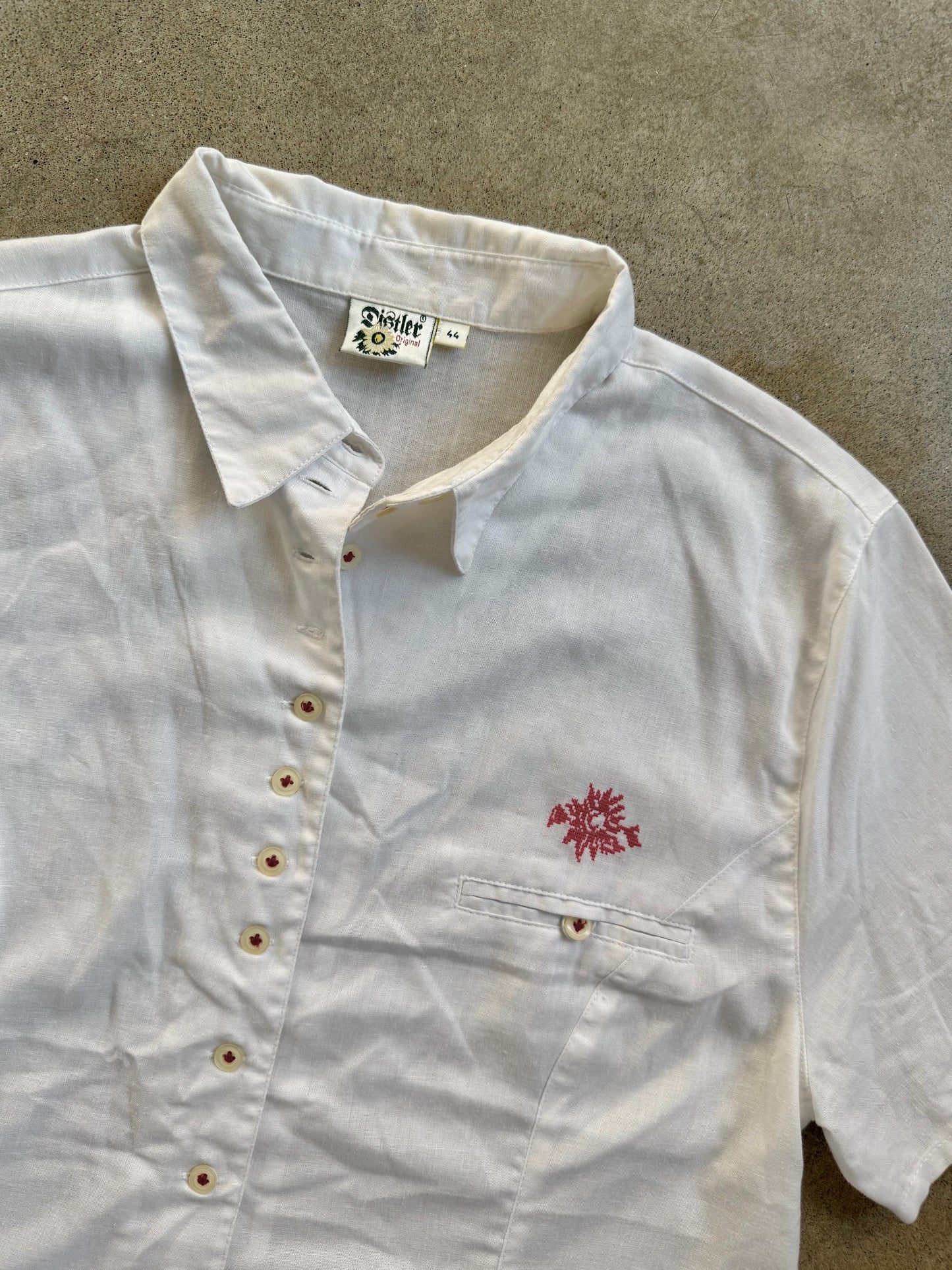Vintage 1970s Distler White Embroidered Button-Up Blouse | Large