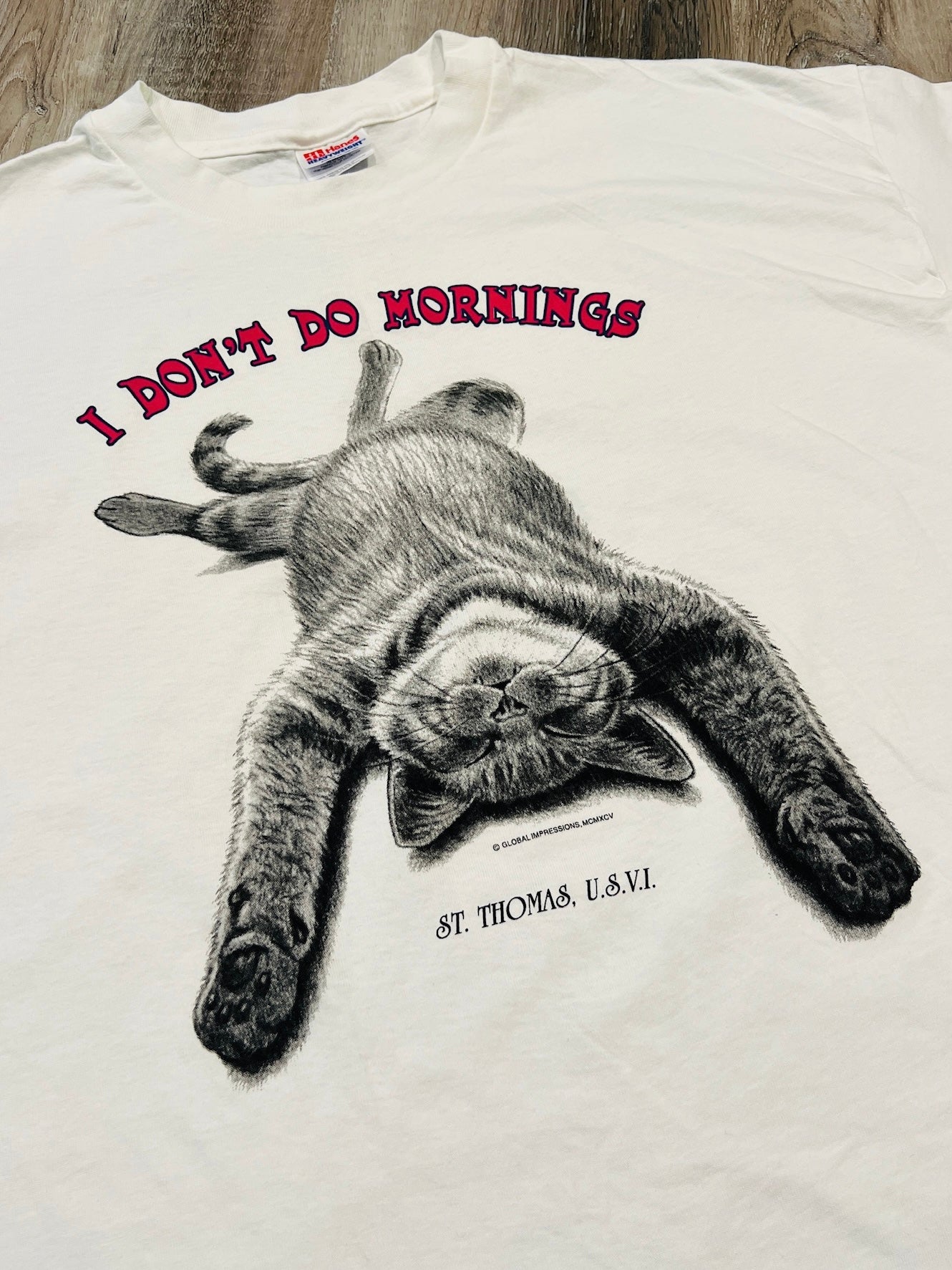 Vintage 1990s "I Don't Do Mornings" Cat Graphic Tee | XL