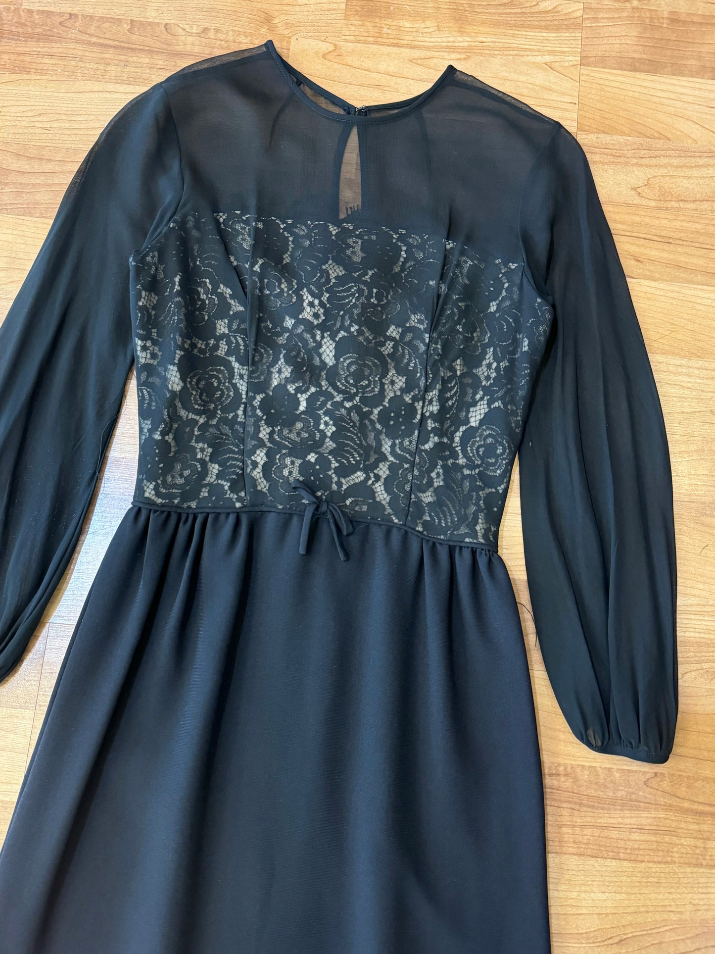Vintage 1950s Black Chiffon & Lace Cocktail Dress | XS