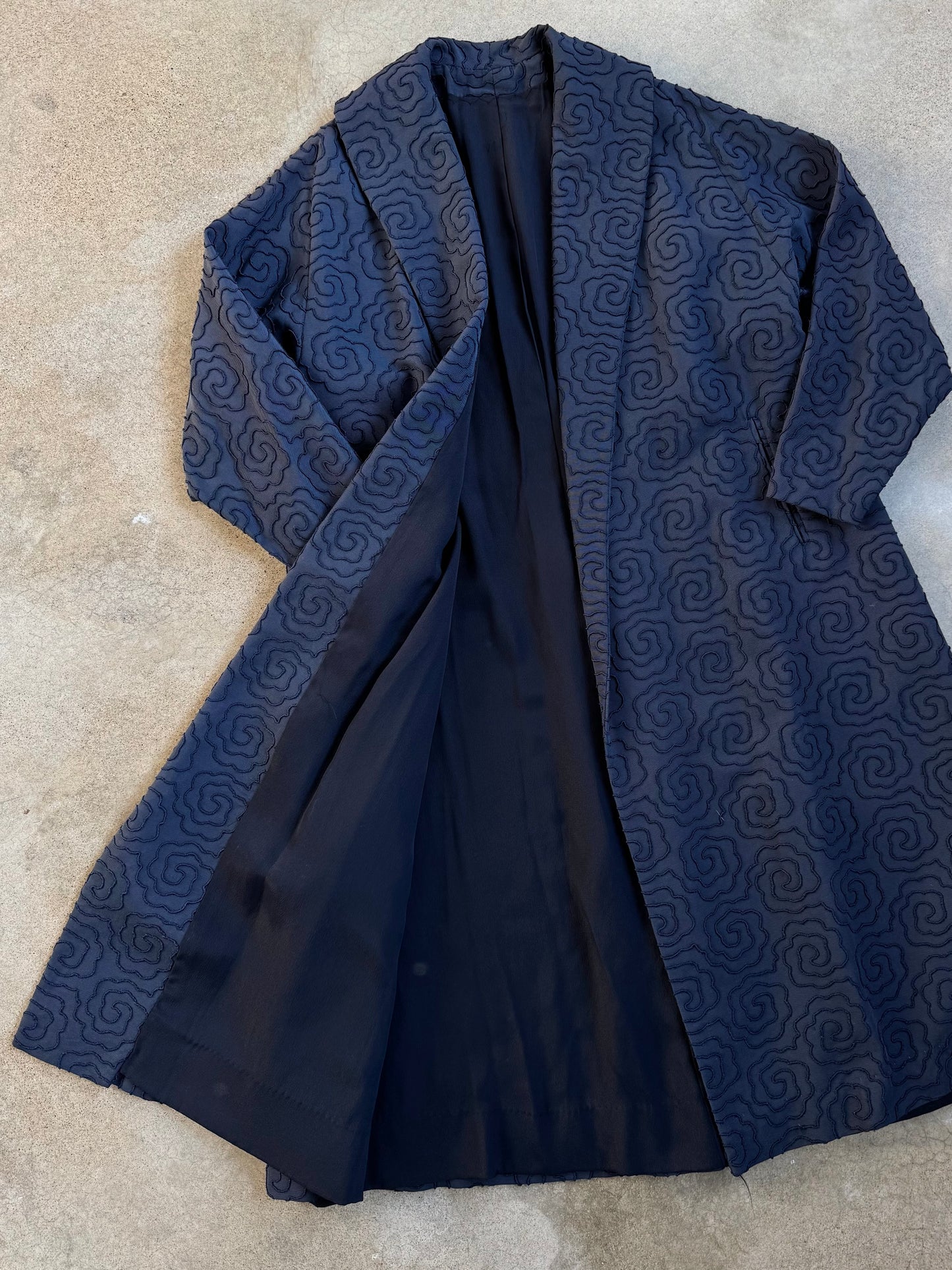Vintage 1940s Navy Blue Crewel Embroidery Full-Length Swing Coat | Medium