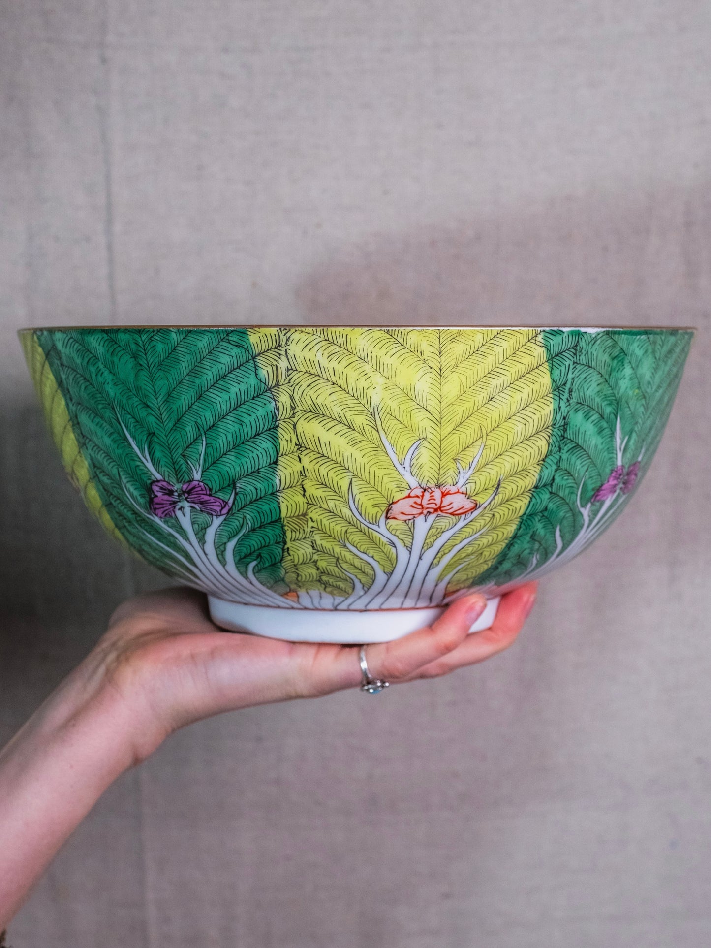 Vintage Porcelain Chinese Famille Verte Bok Choy Centerpiece Bowl