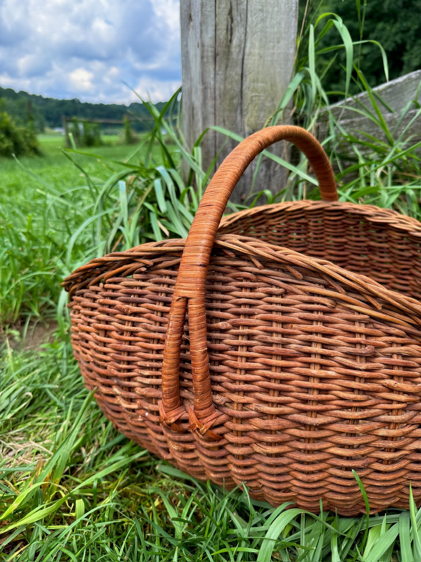 Vintage 1950s Handwoven Top Handle Harvest Basket