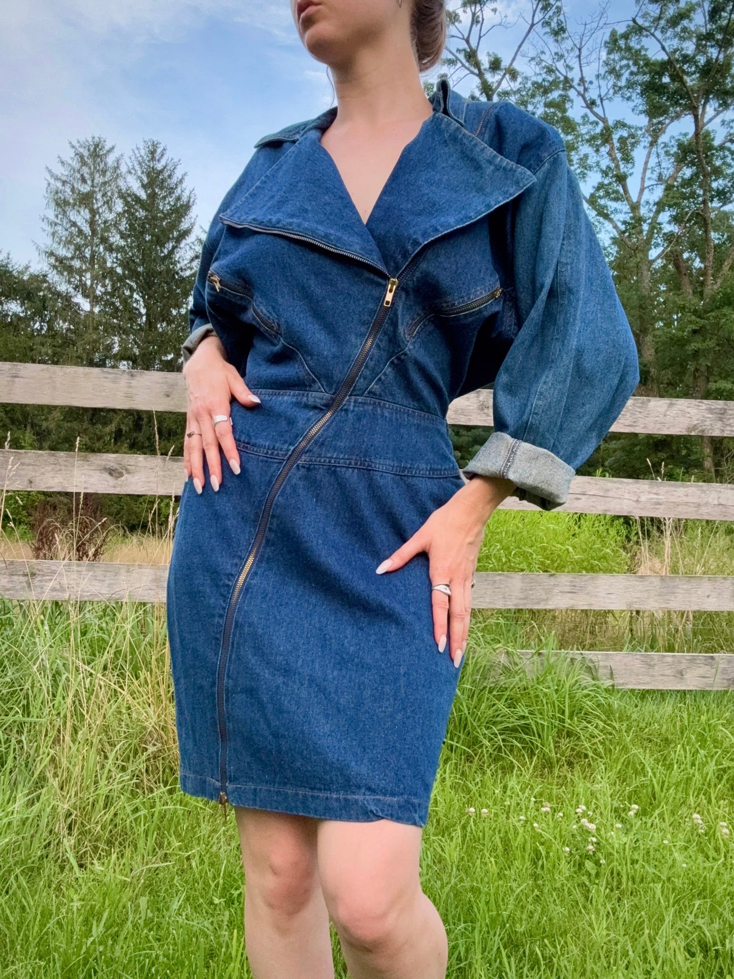 Vintage 1980s Joni Blair Zip-Front Batwing Sleeve Denim Dress | S/M
