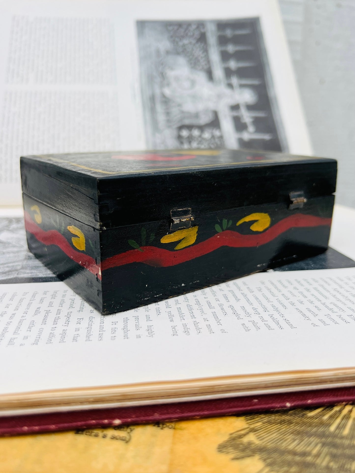 Antique Scandinavian Wood Hand Painted "Bear and Flower" Box