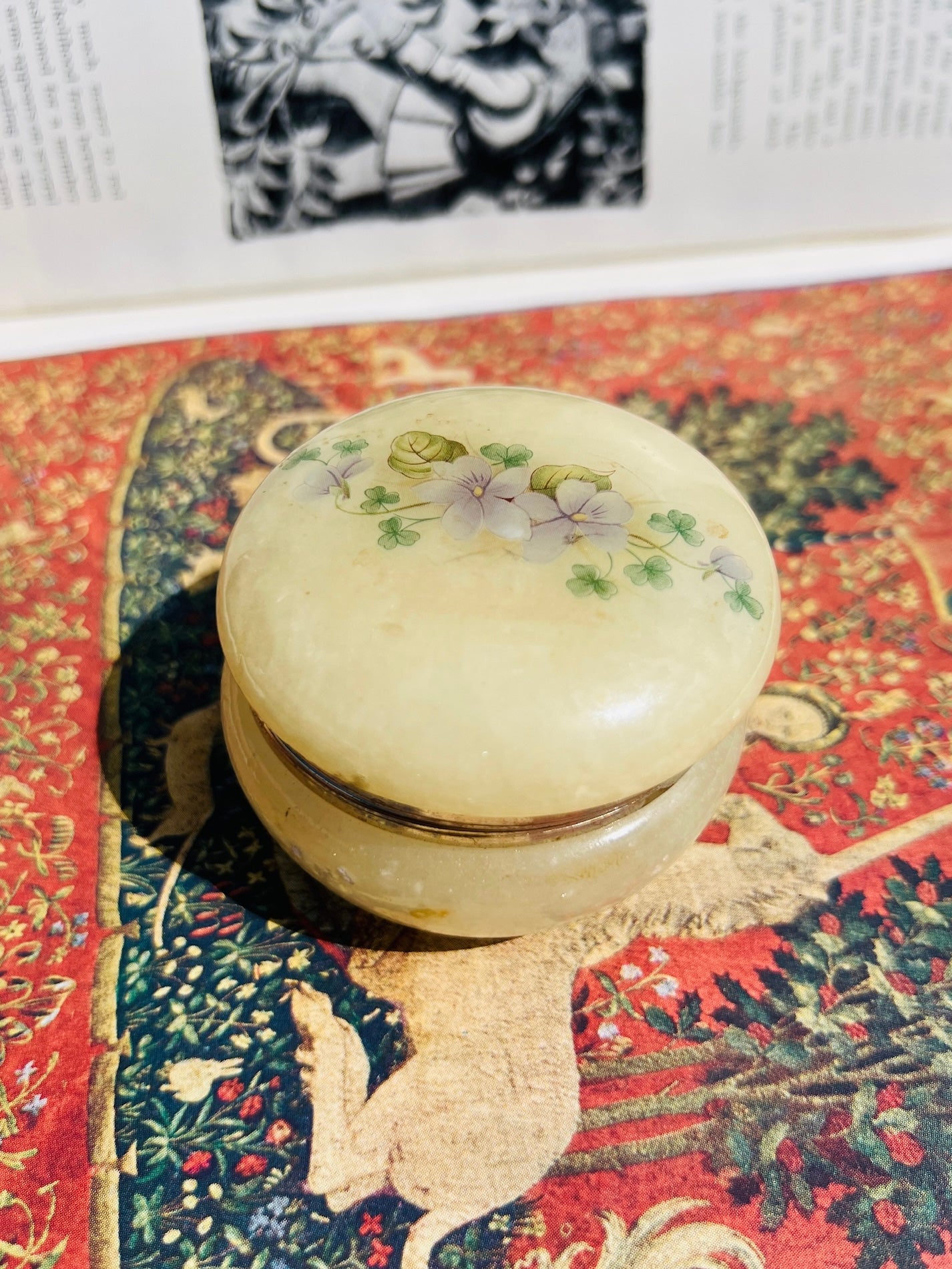Vintage 1950s Alabaster Carved Floral Trinket Box
