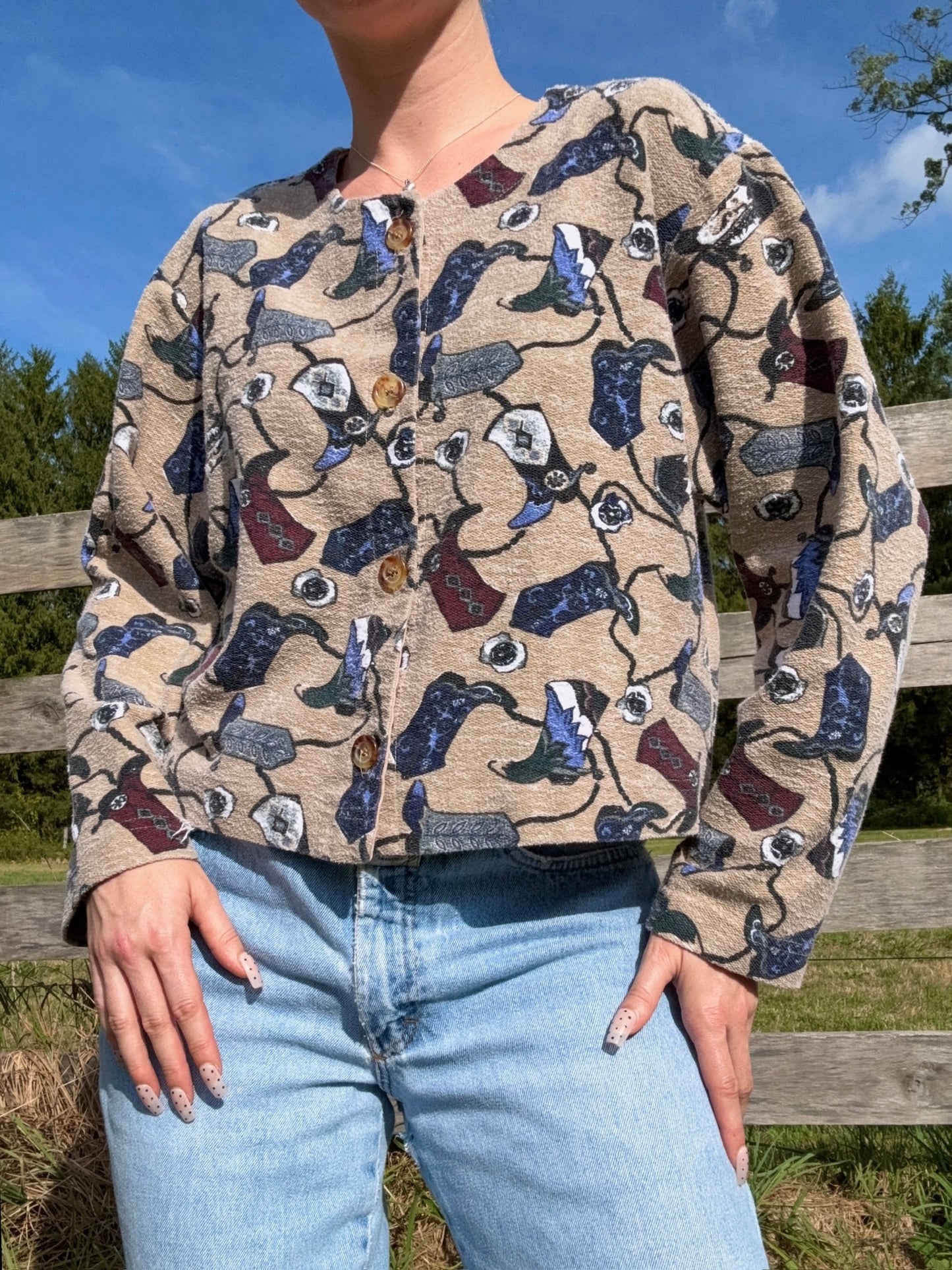 Vintage 1990s Cowboy Boot Printed Button-Up Cardigan | Large