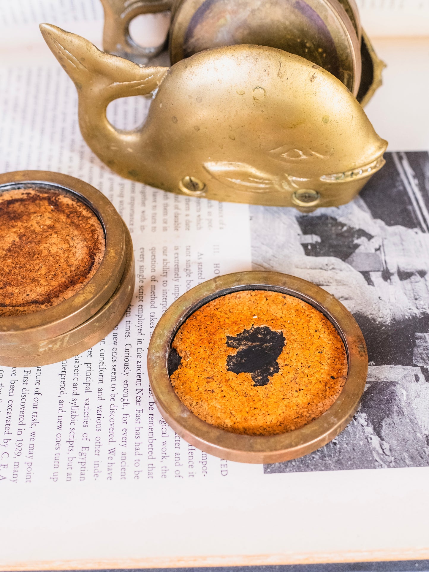 Vintage 1980s Penco Brass Whale Coaster Holder | Set of 6 Coasters