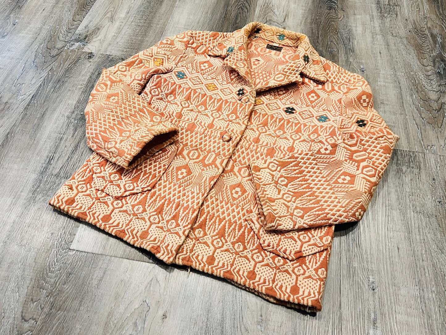 Vintage 1940s La Regional Orange Woven Cotton Guatemalan Chore Coat | Small
