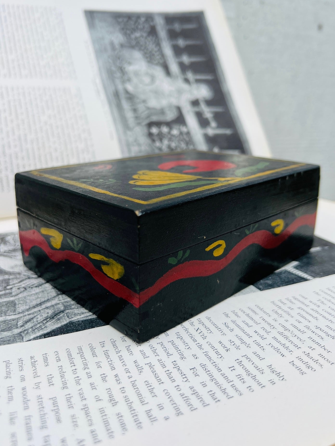 Antique Scandinavian Wood Hand Painted "Bear and Flower" Box