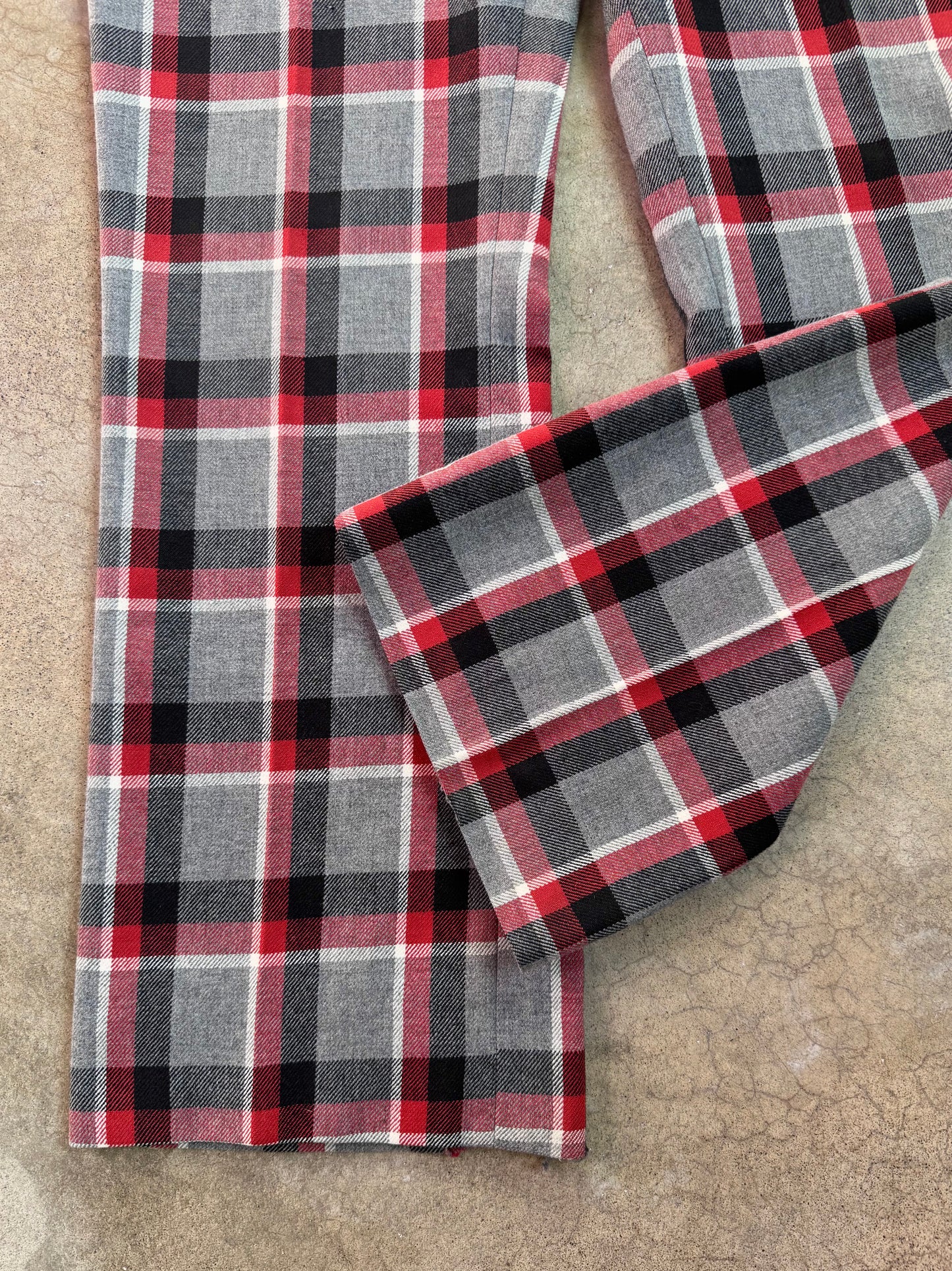 Vintage 1960s Red & Grey Plaid Wool Wide Leg Trousers | Waist 36”
