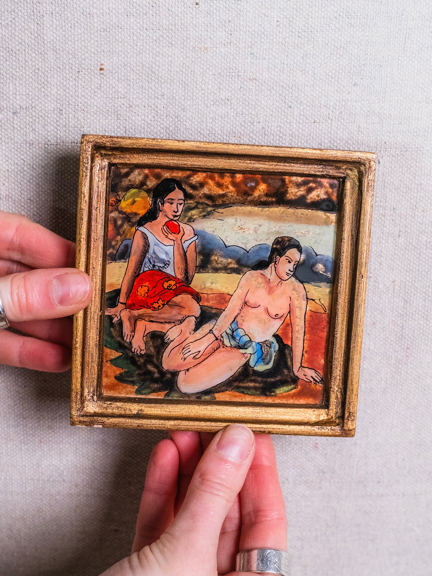 Vintage 1950s Framed Peruvian "Man & Woman" Painting Mini Wall Art