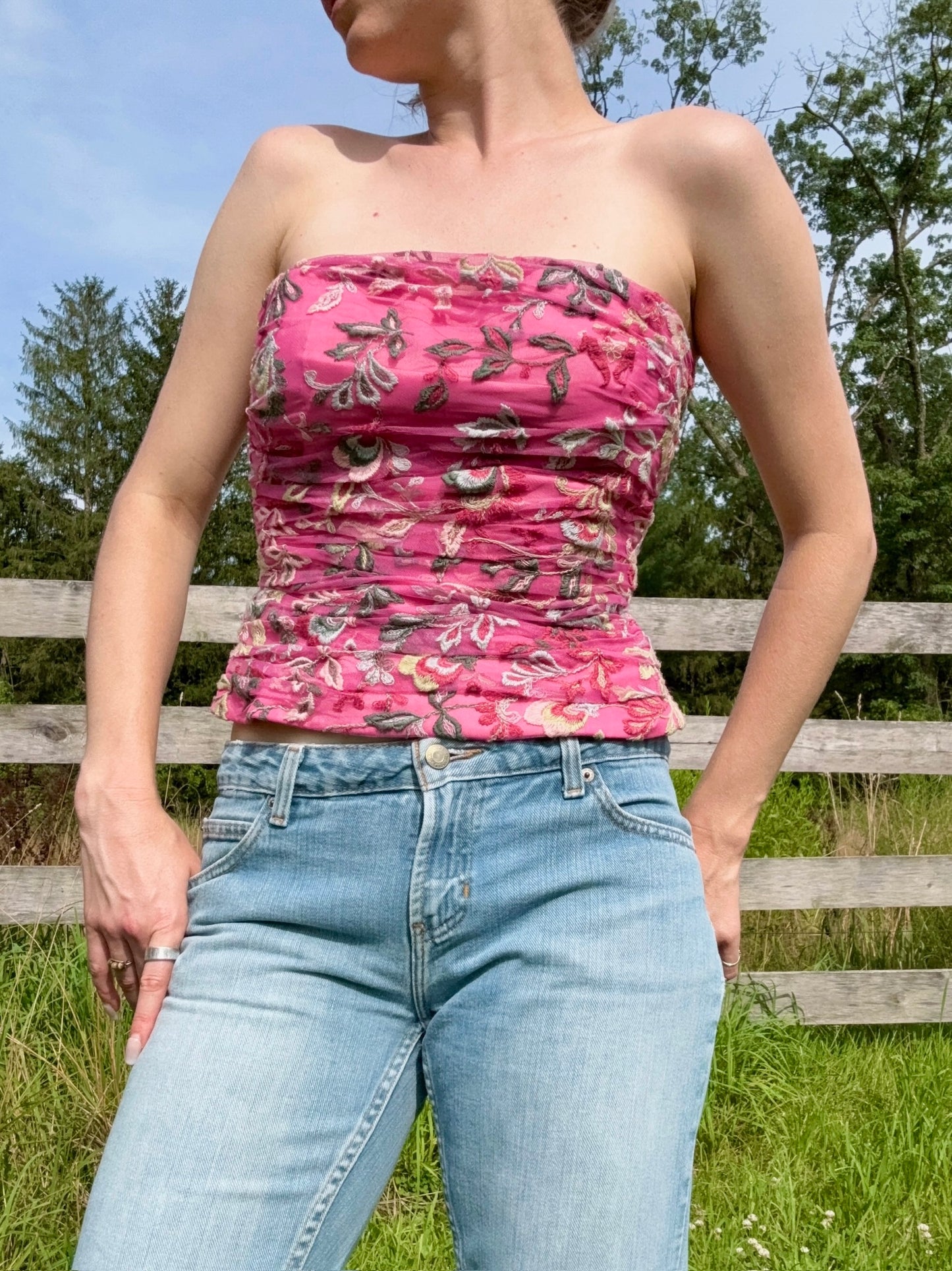 Kay Unger Hot Pink Paisley Embroidered Strapless Corset Top | S/M