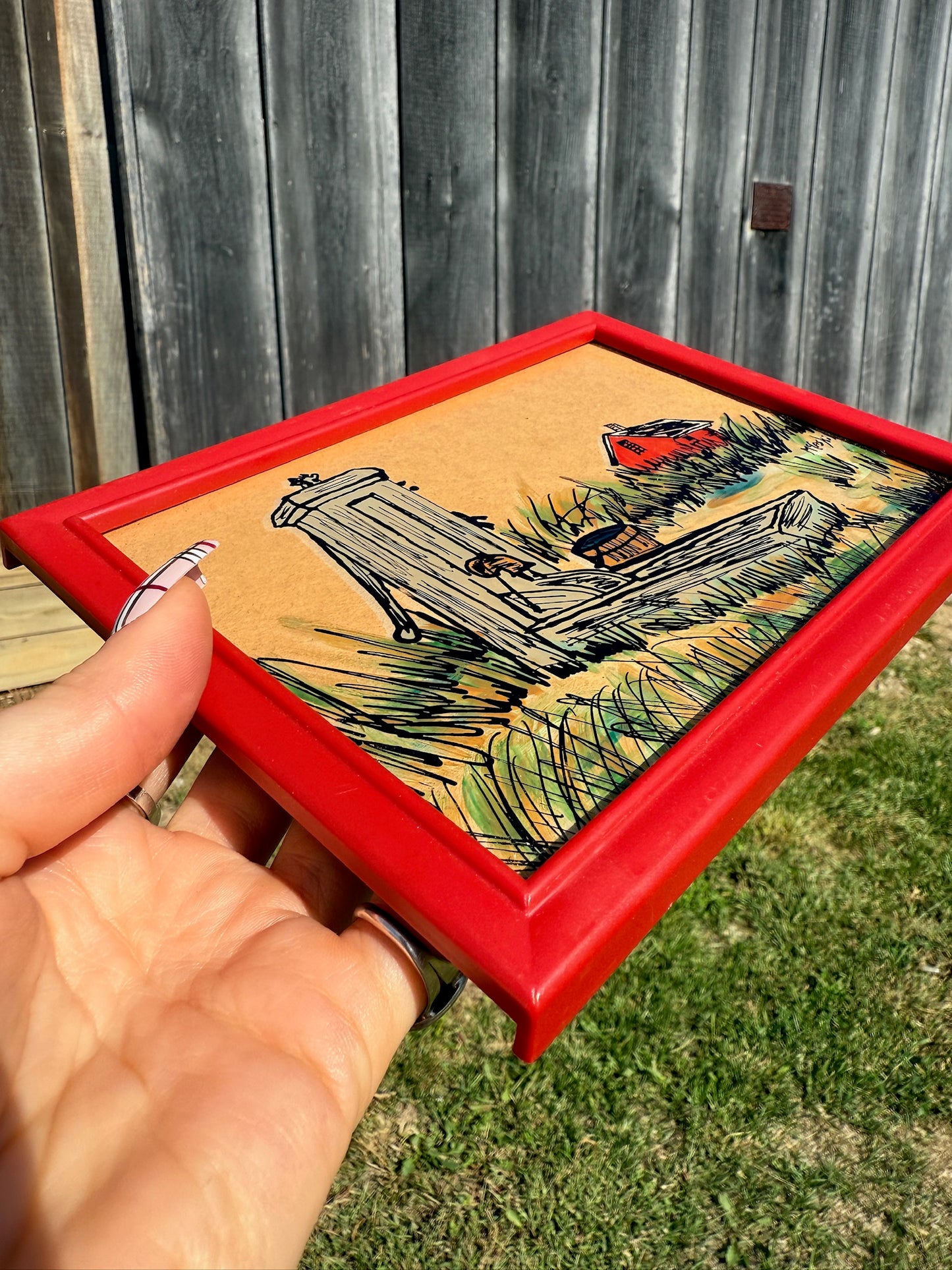 Vintage 1970s Framed & Signed McCaskil Rural Farm Scene Painting on Glass