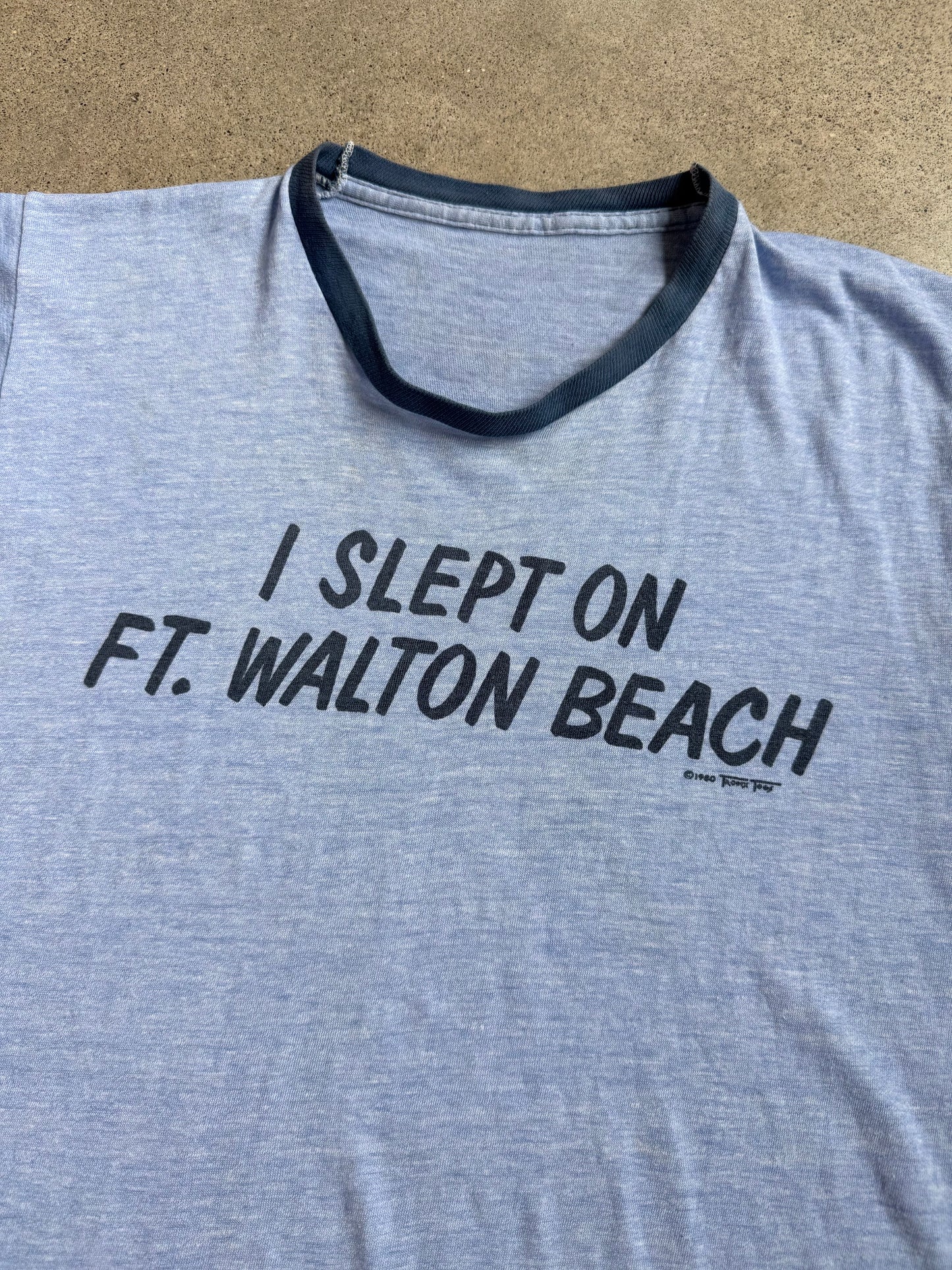 Vintage 1980s “I Slept on Ft. Walton Beach” Blue Ringer Tee | Medium
