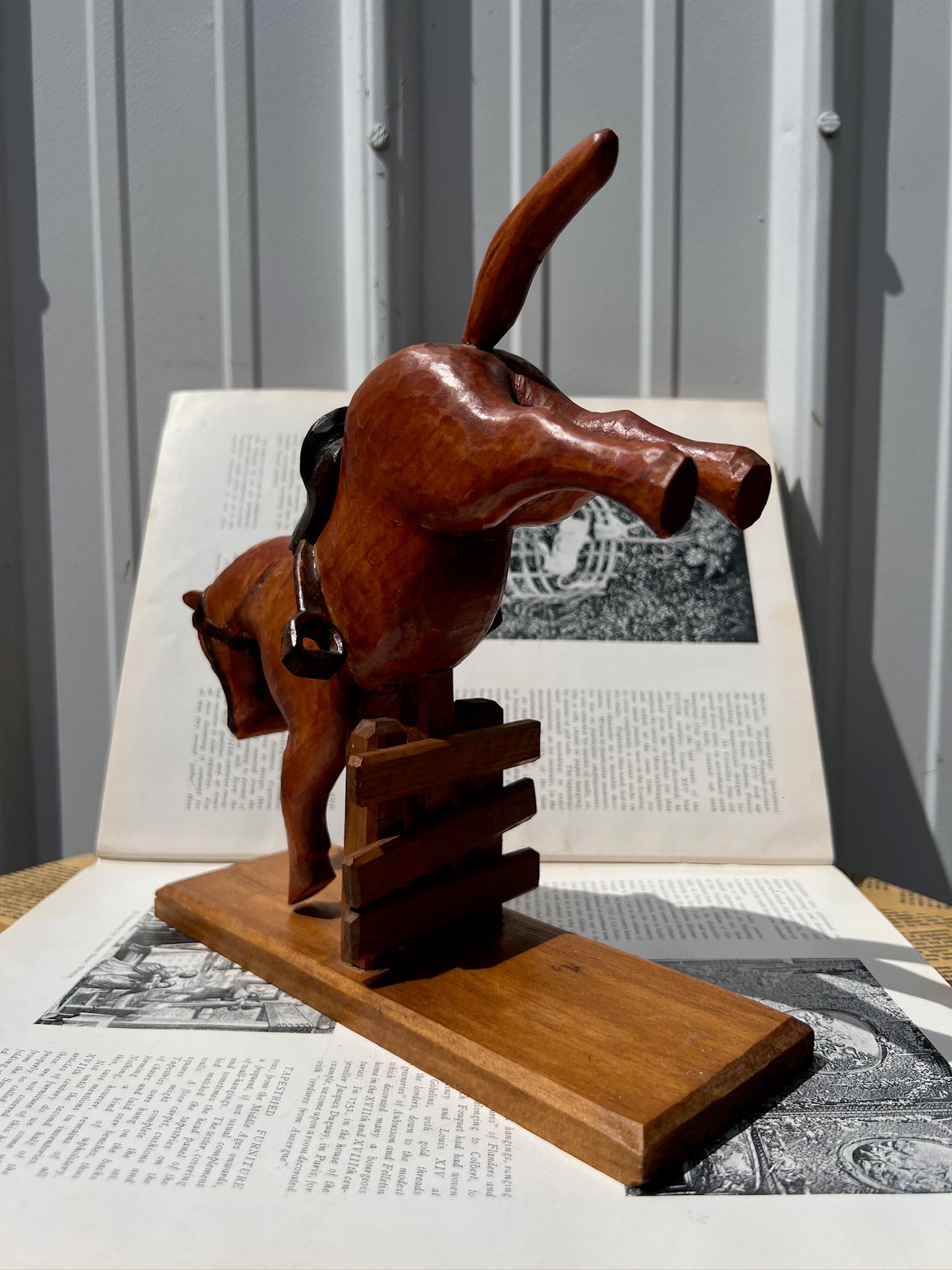 Vintage 1960s Wood Carved "Horse Jumping Fence" Folk Art
