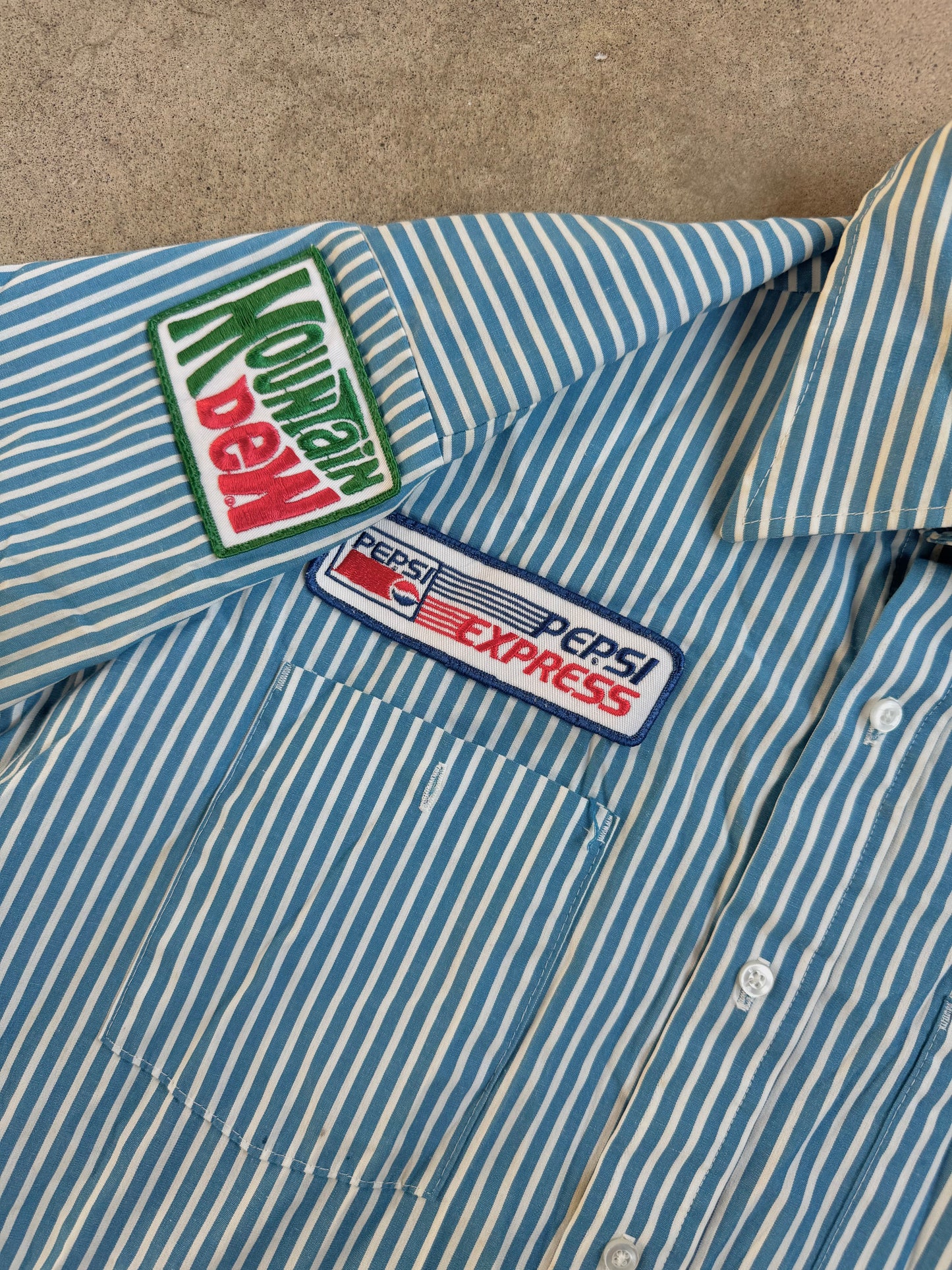 Vintage 1970s Blue Stripe Pepsi Patched Uniform Work Shirt | Medium