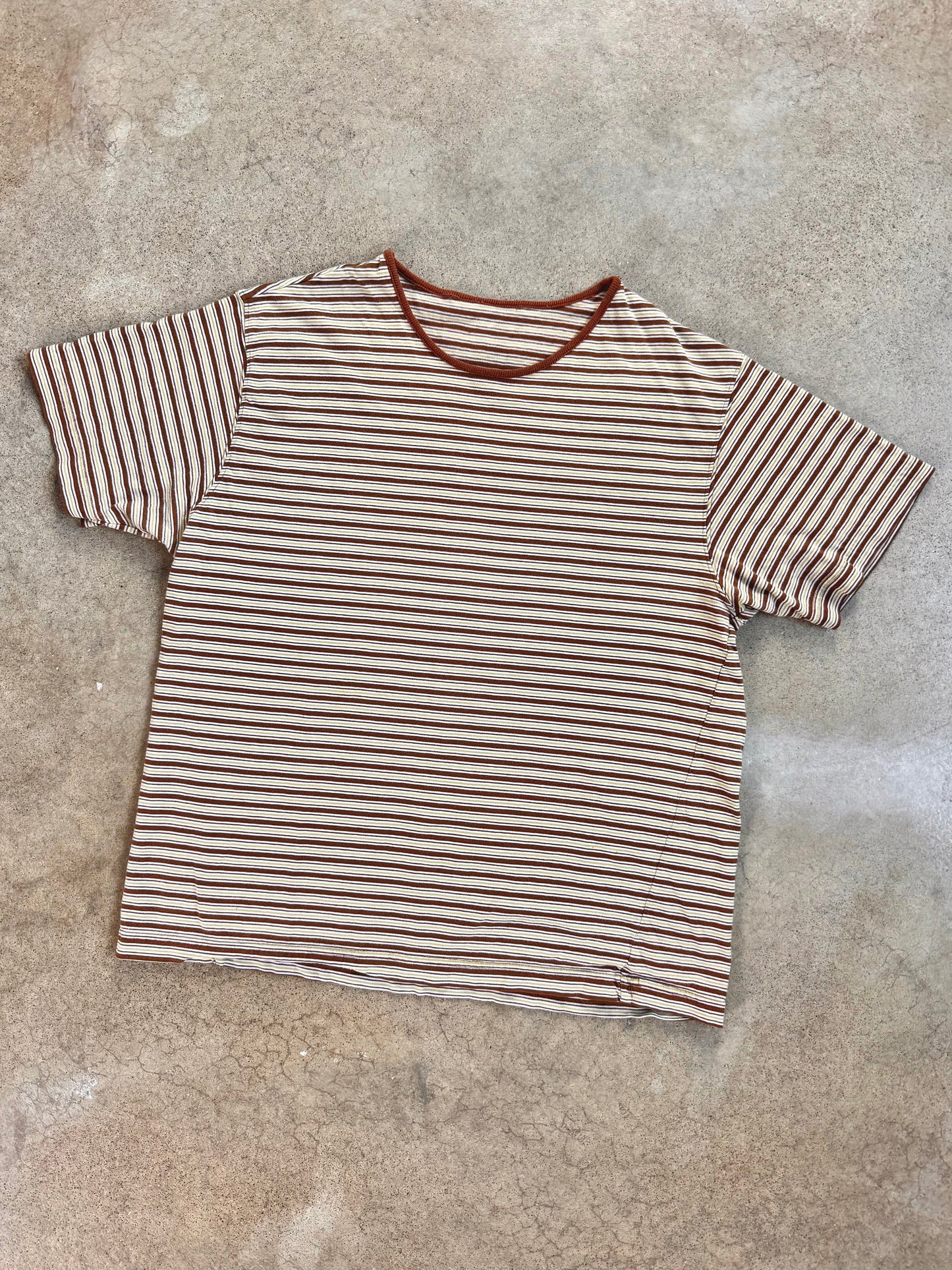 Vintage 1990s Brown-Tone Striped Crewneck Short Sleeve Tee | Large