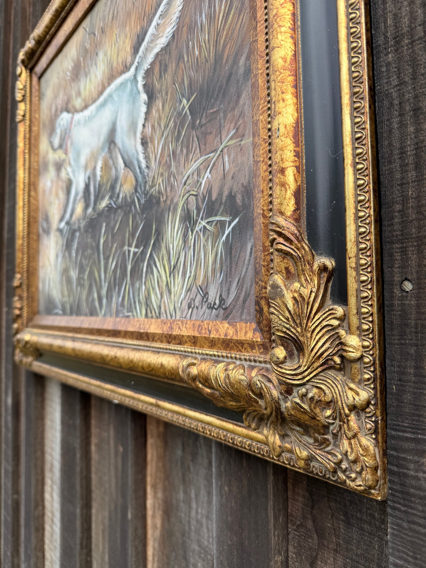 Vintage 1980s Framed & Signed “Dog in the Field” Oil On Canvas Painting