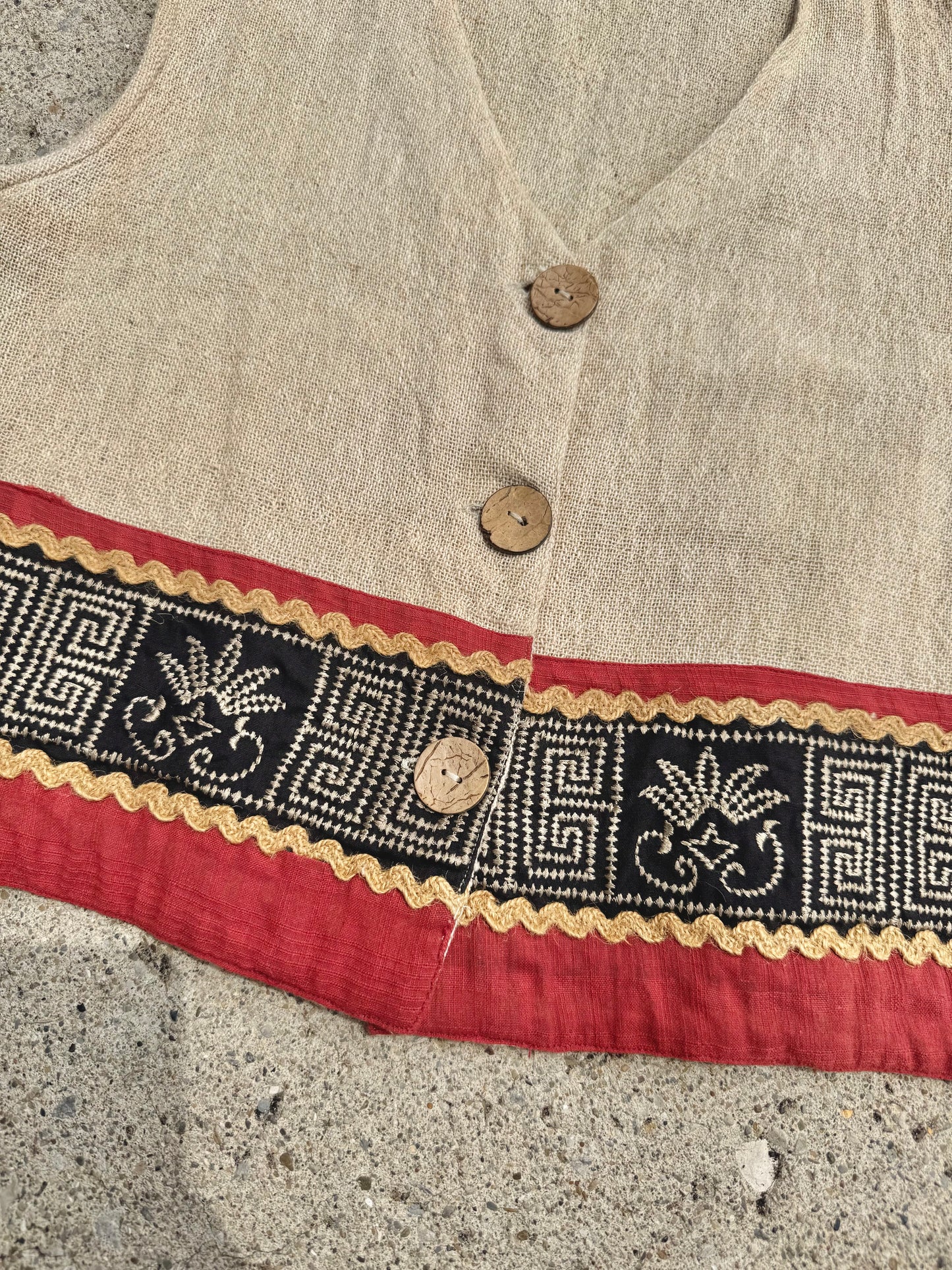 Vintage 1990s Woven Embroidered Trim Wood Button Vest | S/M