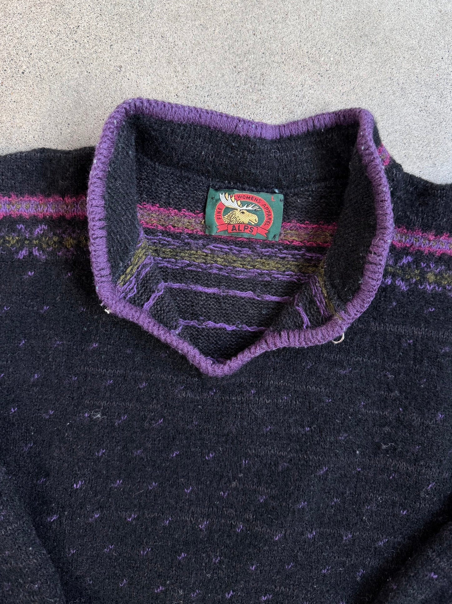 Vintage 1980s Alps Nordic-Style Black & Purple Speckled Wool Sweater | Large