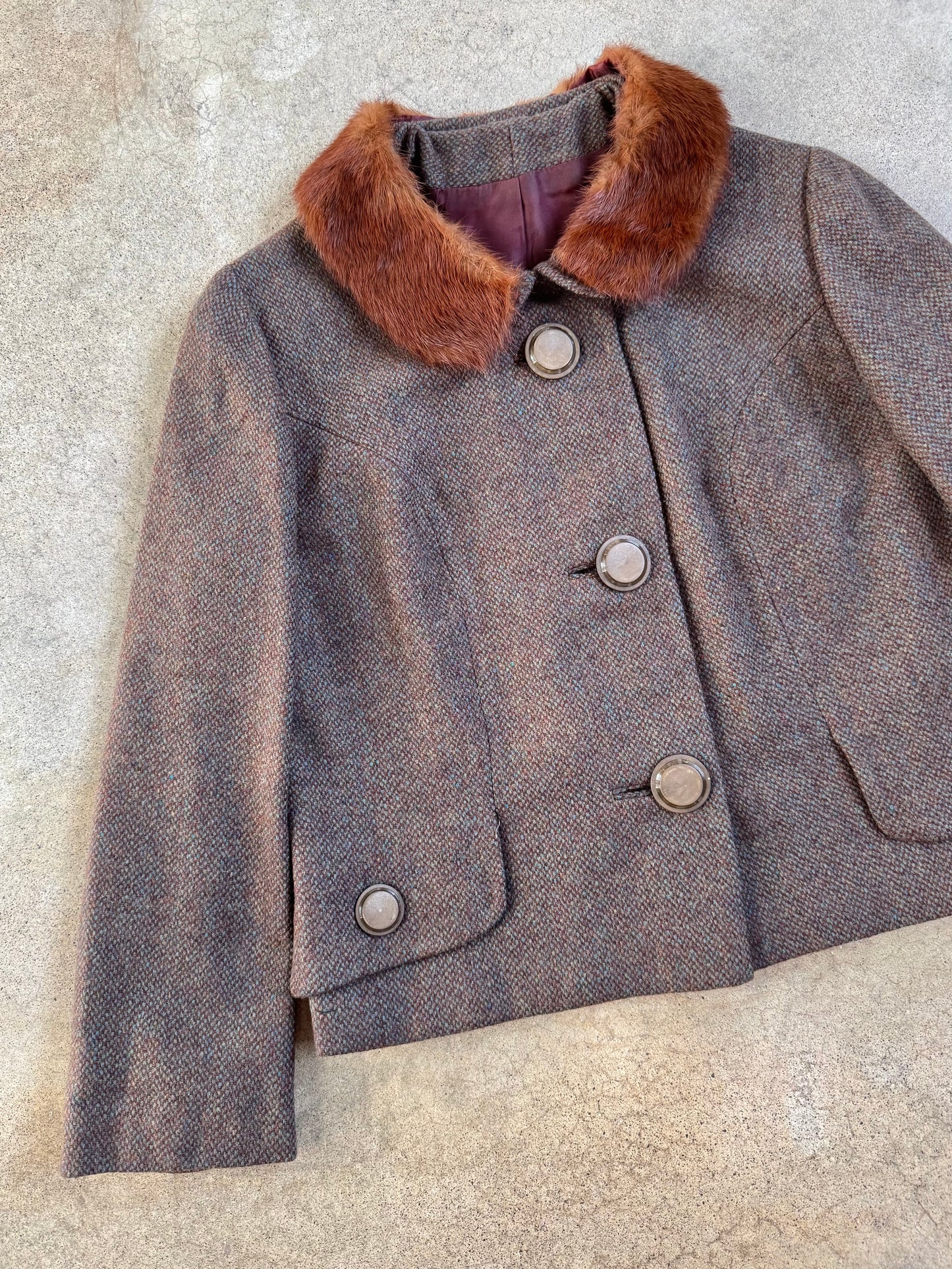Vintage 1950s/60s Brown Wool Skirt Suit w/ Genuine Fur Collar | XS