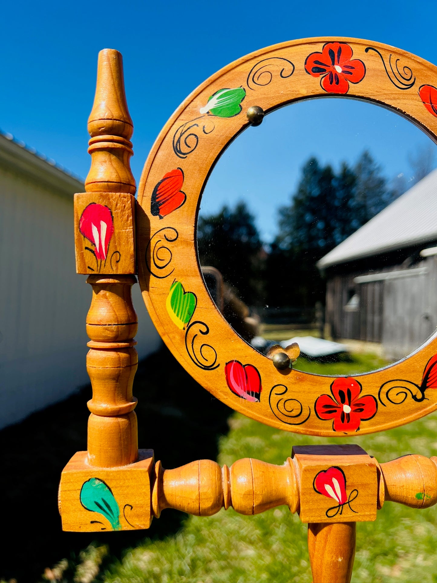 Wood Carved Mexico Painted Folk Art Vanity Mirror