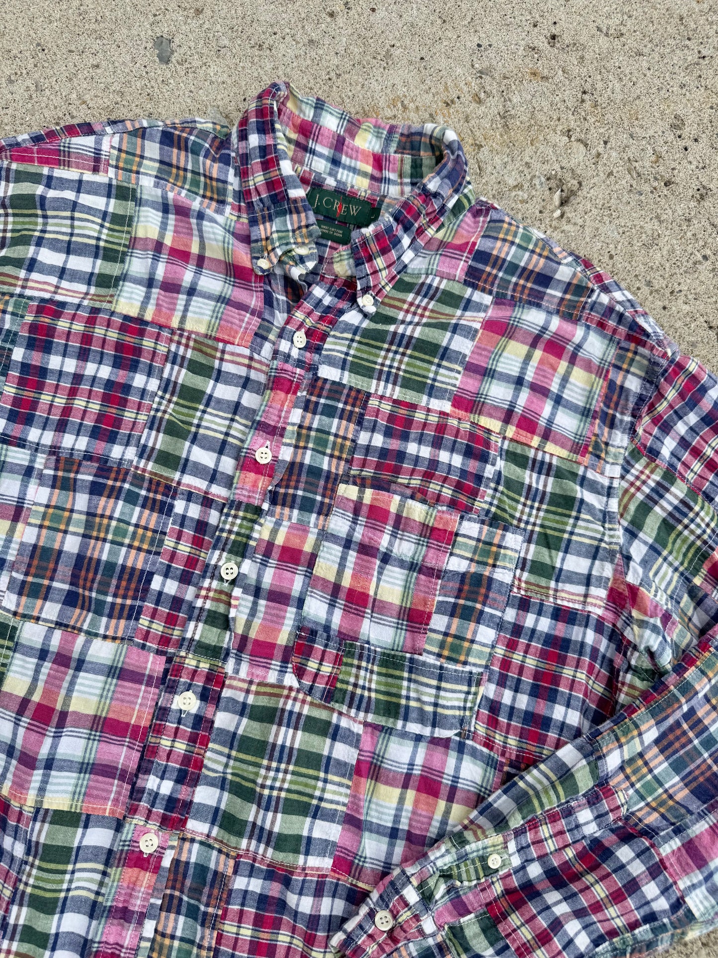 Vintage 1990s J. Crew Plaid Patchwork Button-Down Shirt | Large