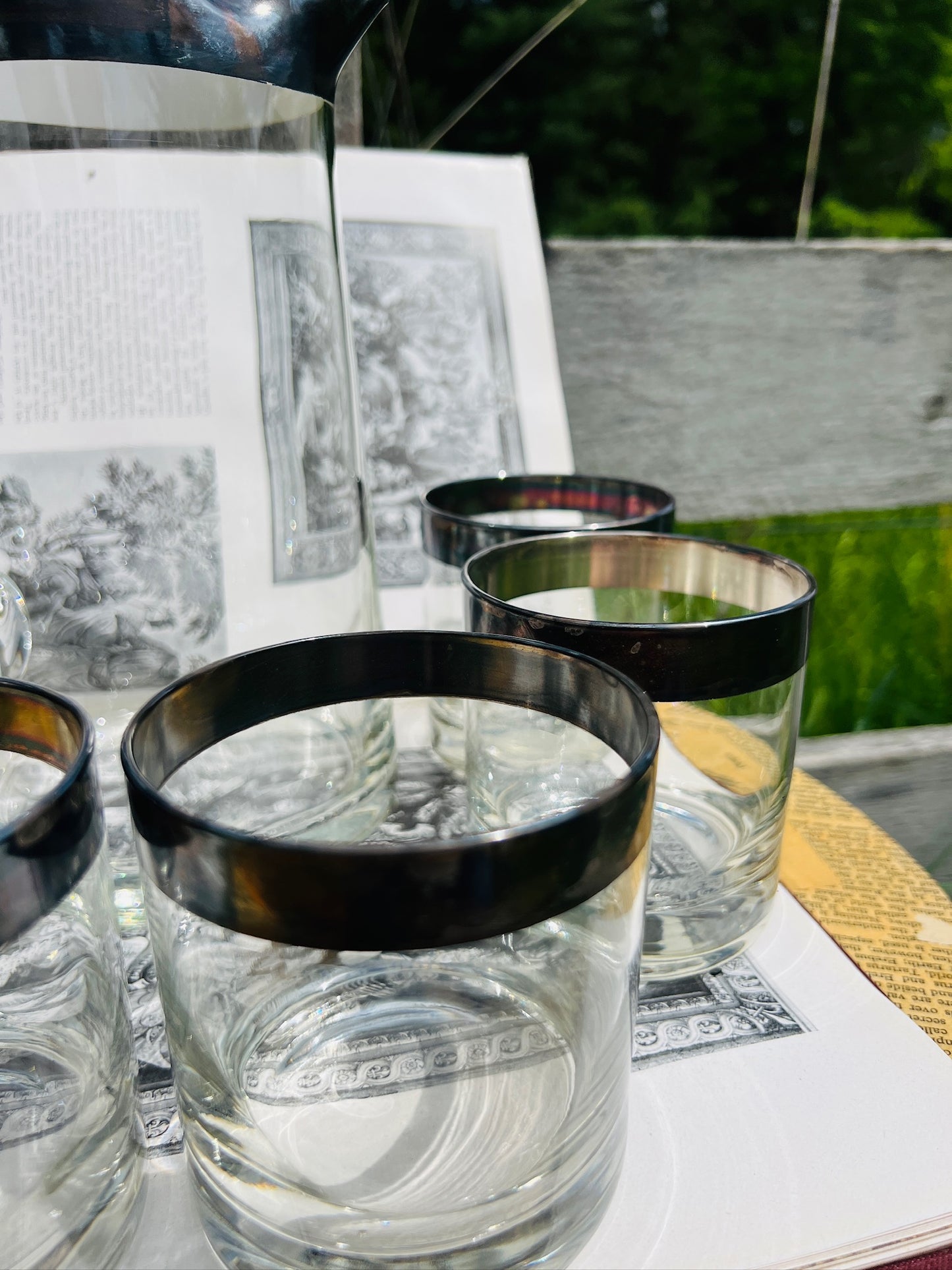 Vintage 1950s Silver Rim Pitcher & Glasses Set