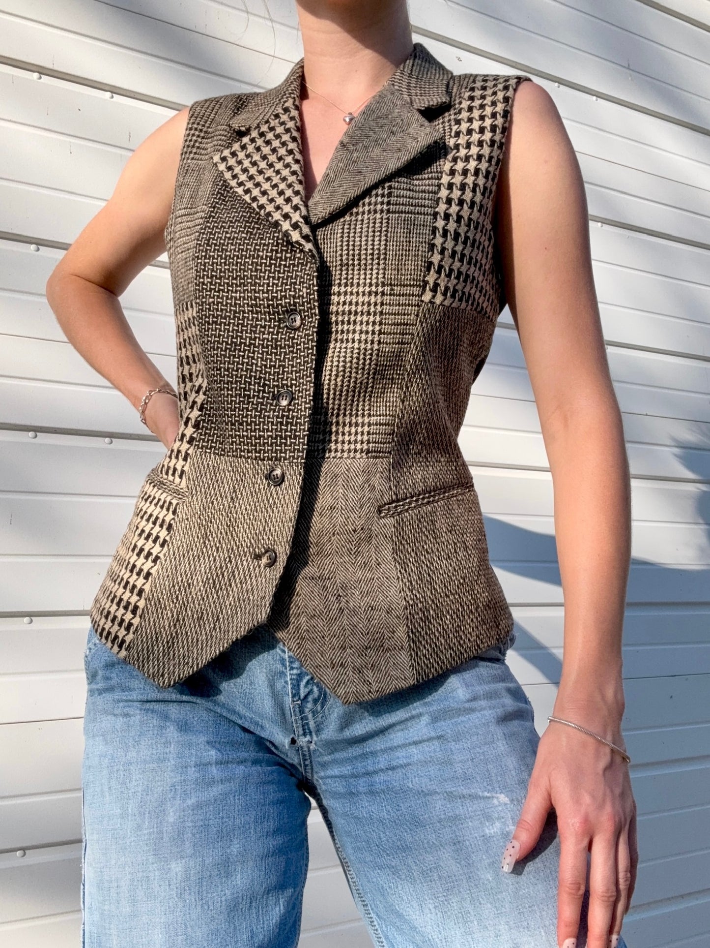 Vintage 1990s Gantos Neutral Woven Patchwork Wool-Blend Vest | Small
