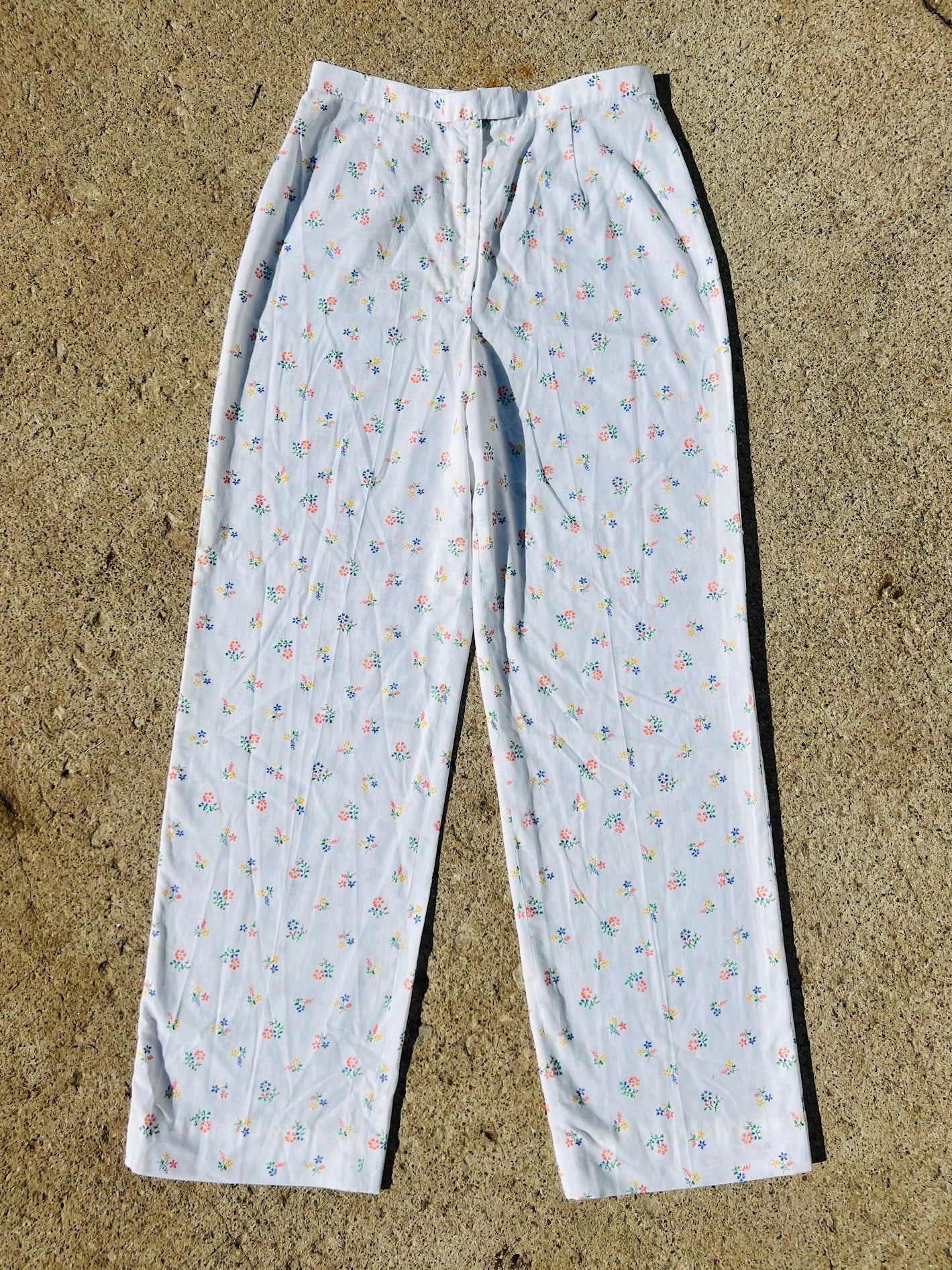Vintage Handmade White Floral Cotton Pants | Waist 28”