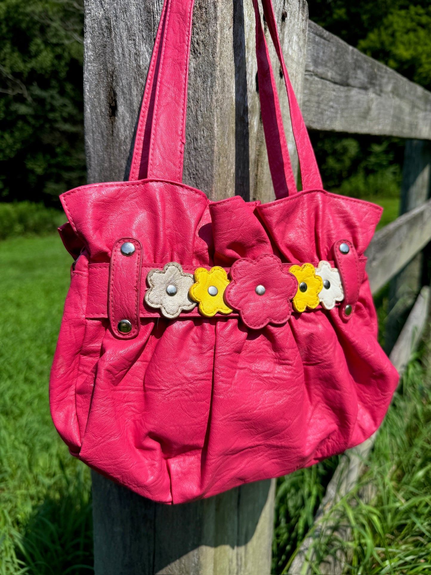 2000s Hot Pink Floral Appliqué Vinyl Shoulder Bag