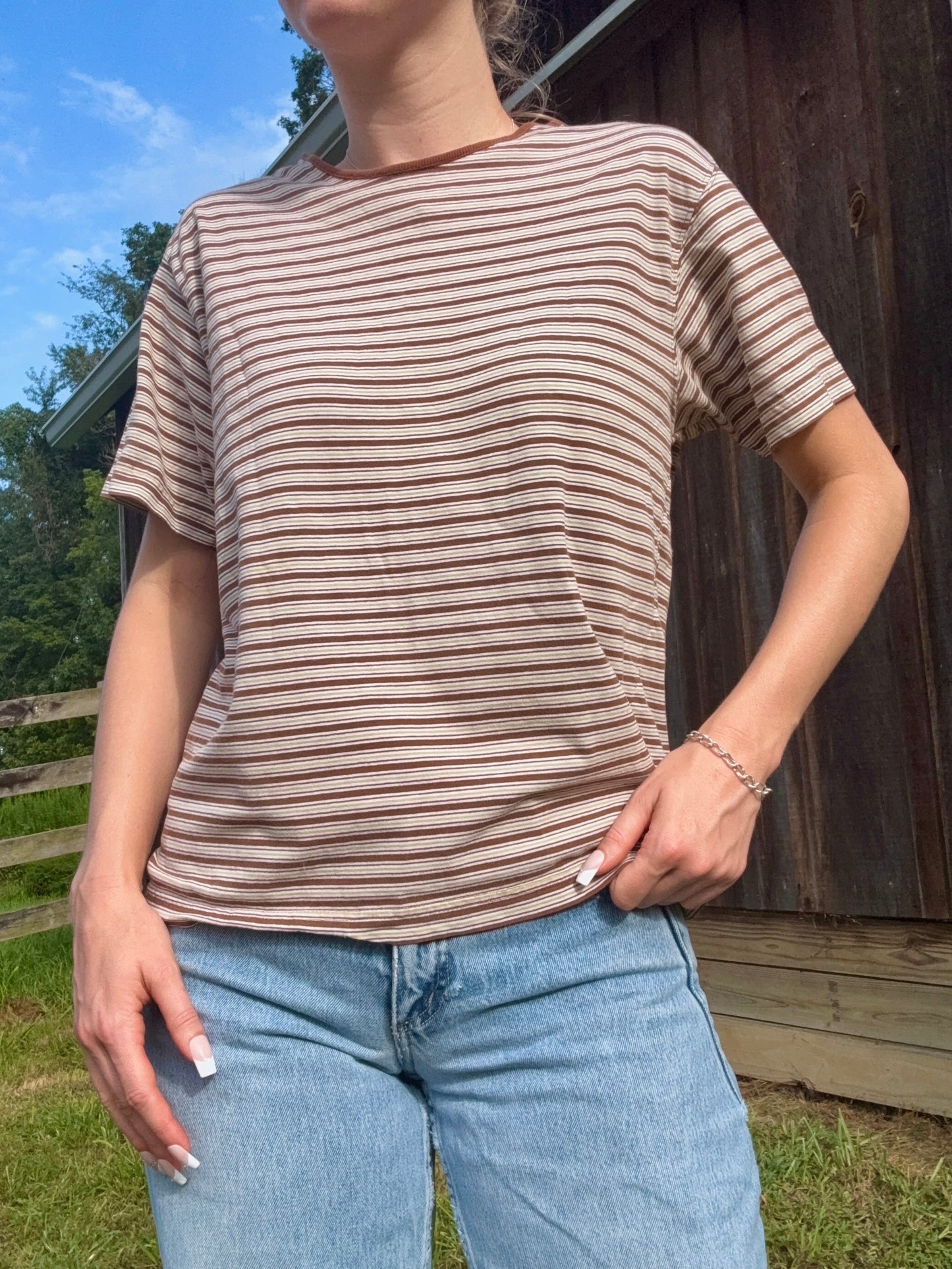 Vintage 1990s Brown-Tone Striped Crewneck Short Sleeve Tee | Large