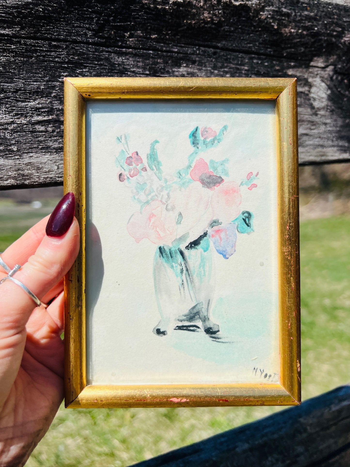 Vintage 1950s Gold Framed Floral Watercolor | Signed