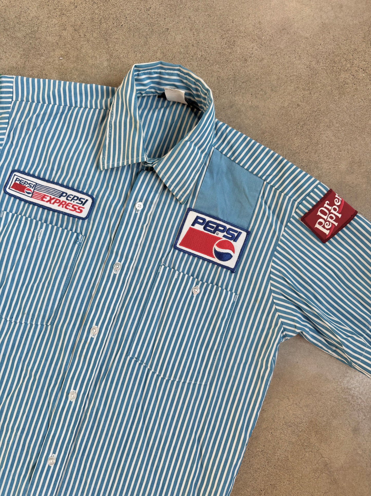 Vintage 1970s Blue Stripe Pepsi Patched Uniform Work Shirt | Medium