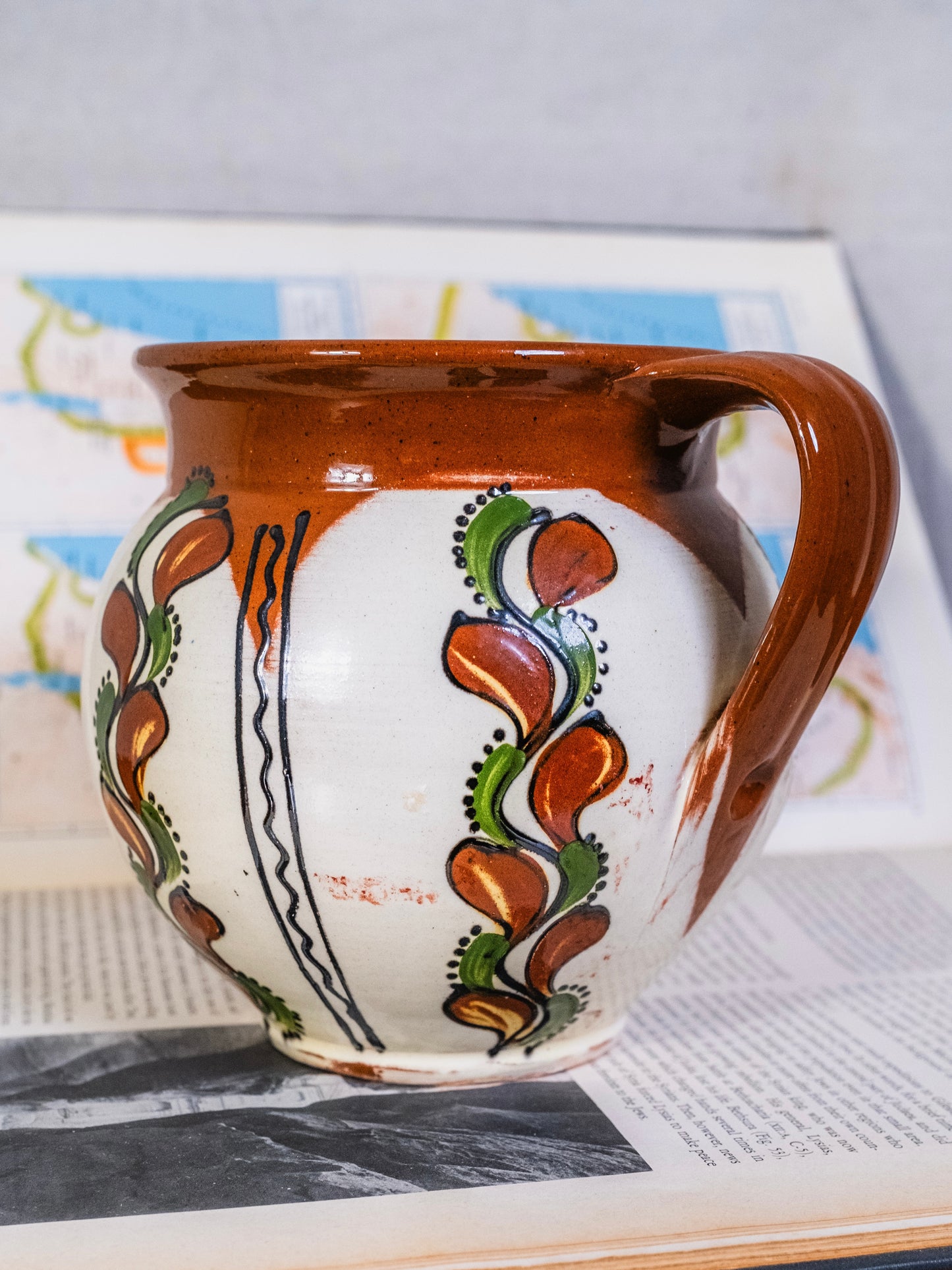 Vintage 1960s Terracotta Bulgarian-Style Glazed Pitcher w/ Handle