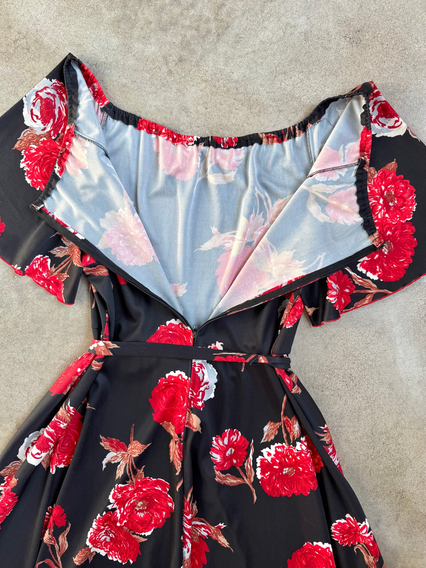 Vintage 1970s Black & Red Floral Off-Shoulder A-Line Midi Dress | XL