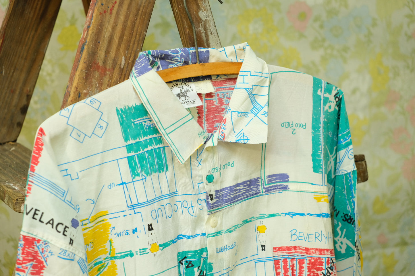 Vintage 1980s Beverly Hills Polo Club Retro Blueprint Collared Shirt | Medium