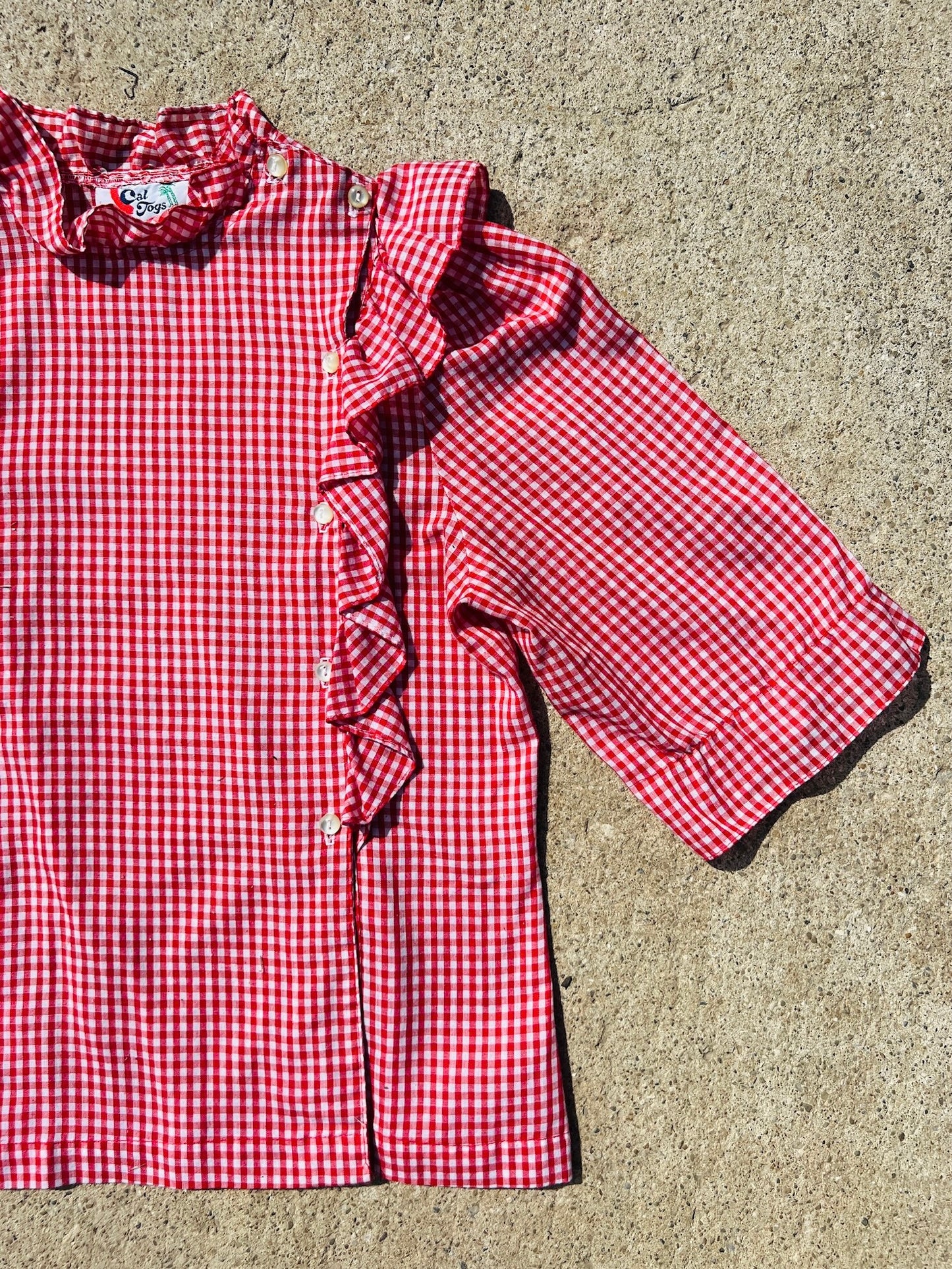 Vintage 1970s Cal Togs Red Gingham Ruffle Blouse | S/M