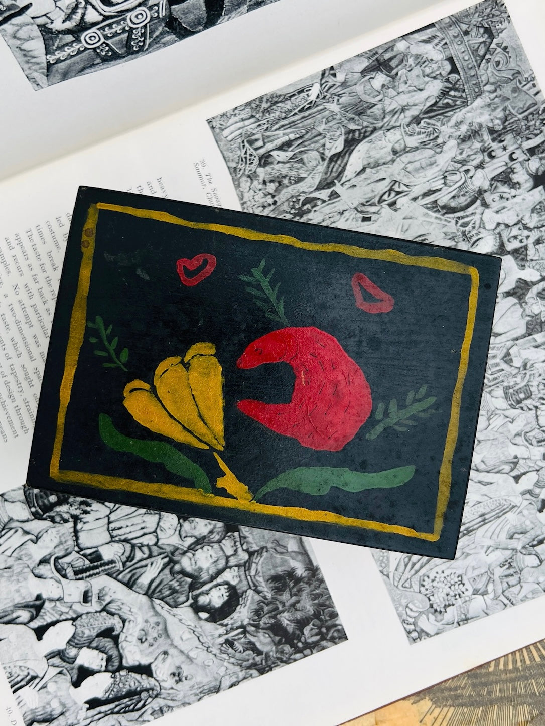 Antique Scandinavian Wood Hand Painted "Bear and Flower" Box