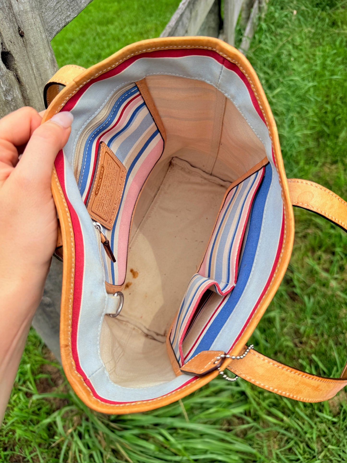 2000s Coach Hampton Striped Canvas & Tan Leather Tote Bag