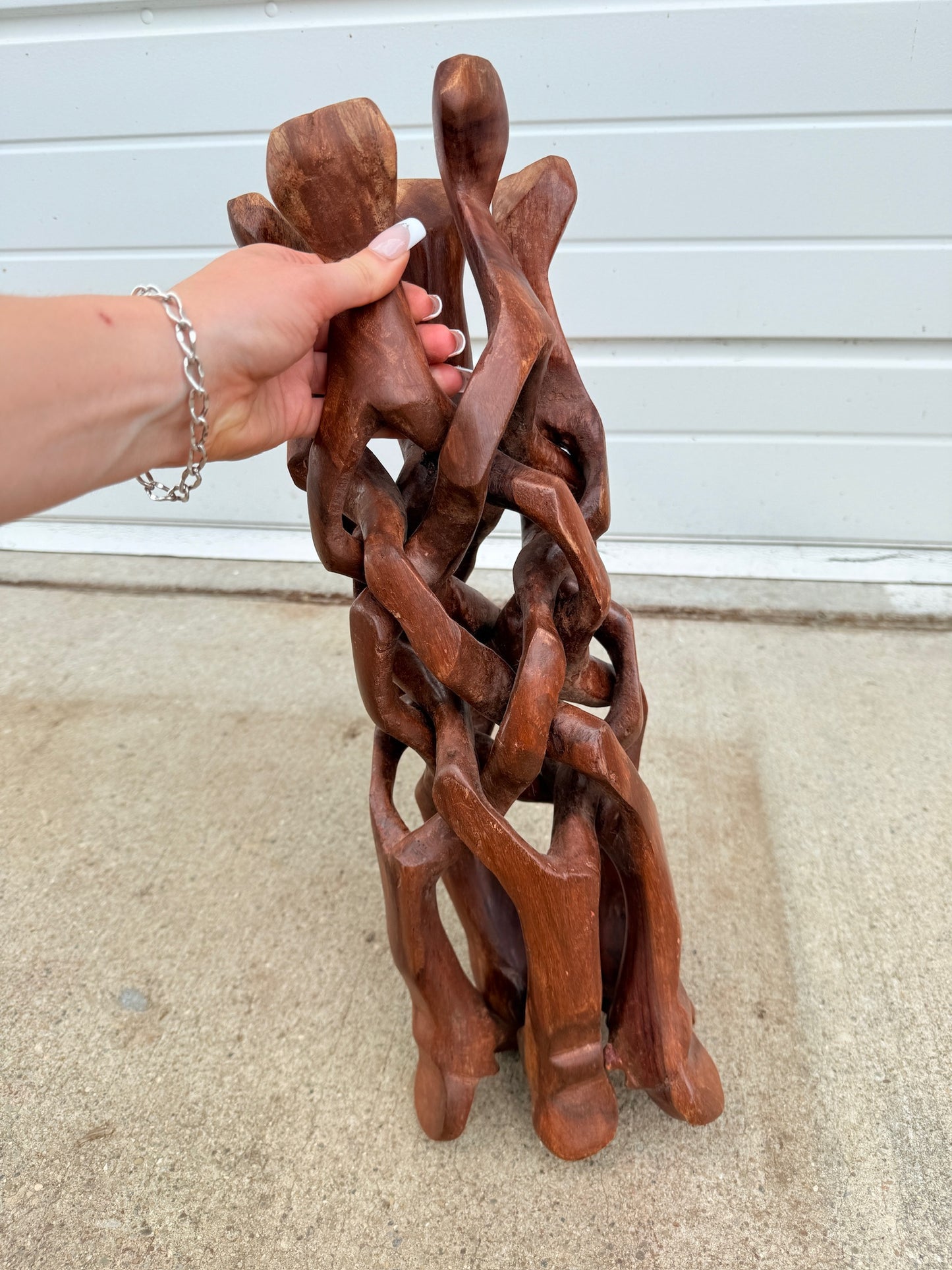 Vintage 1950s Hand-Carved Wood Interlocking 5-Leg Plant Stand