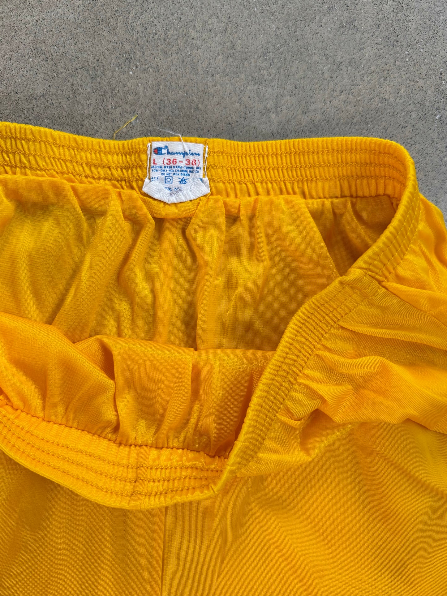 Vintage 1980s Champion Purdue University Yellow Nylon Gym Shorts | M/L