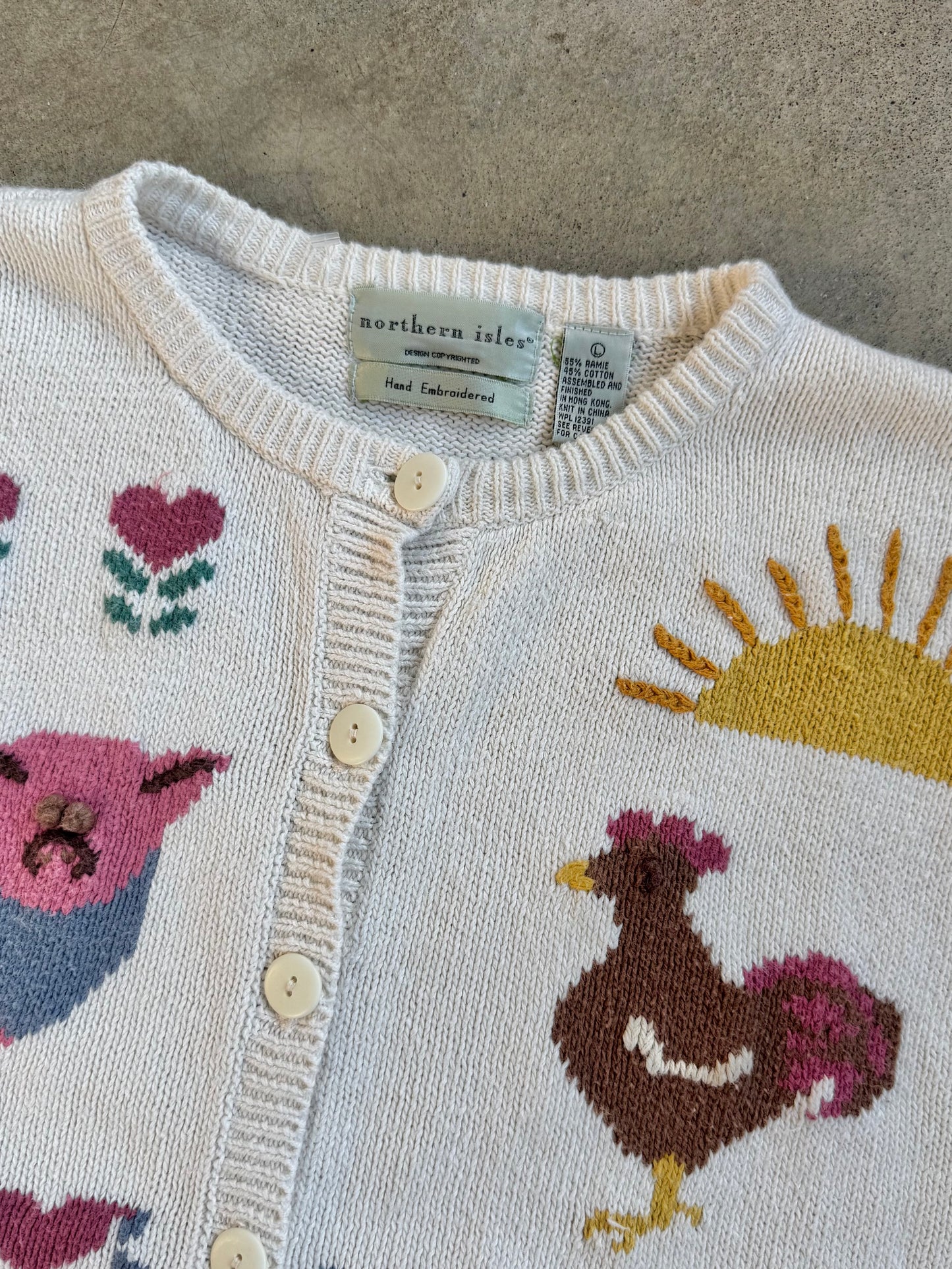 Vintage 1990s Northern Isles Hand-Embroidered Farm Animal Cardigan | Large